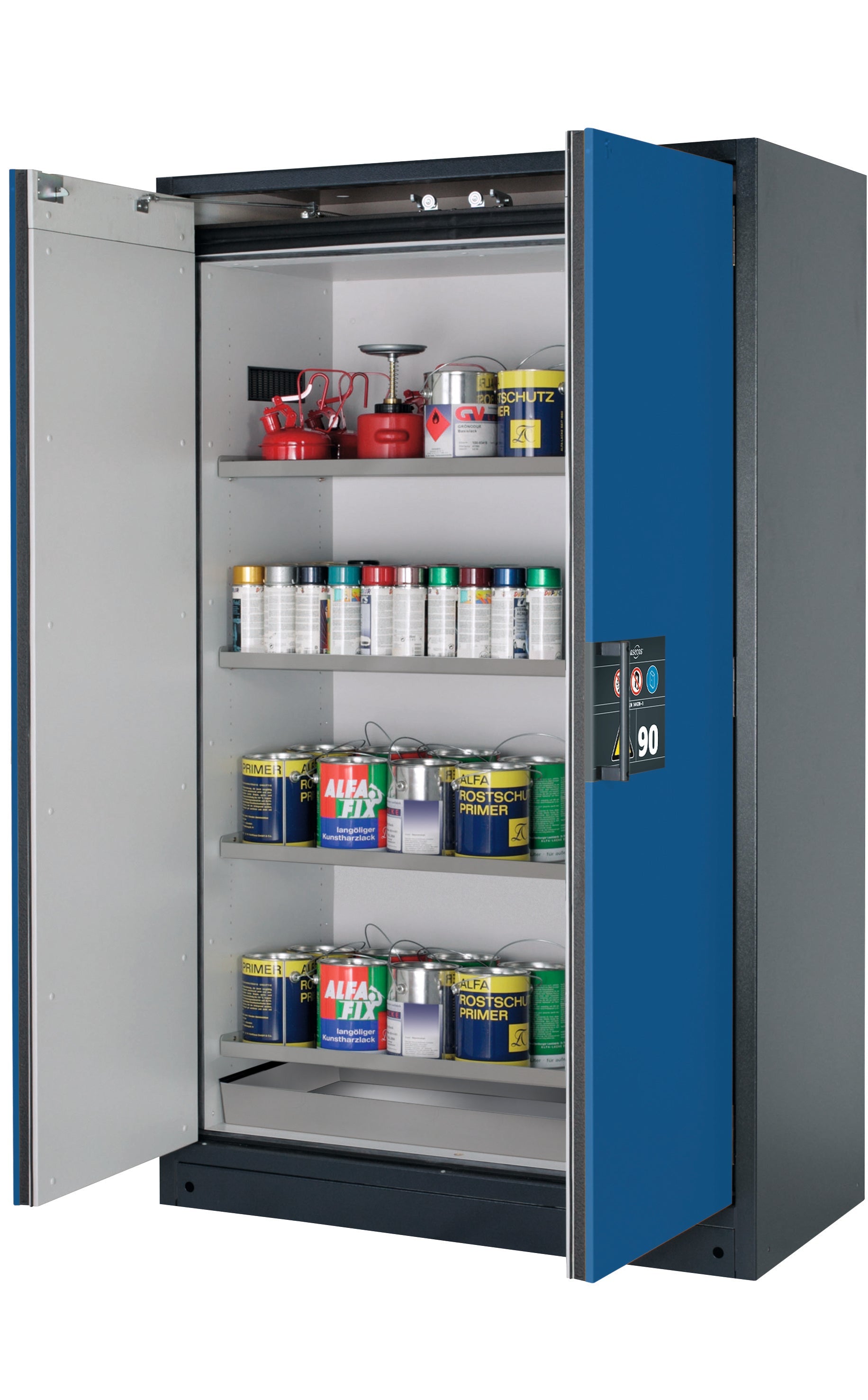 Typ 90 Sicherheitsschrank Q-CLASSIC-90 Modell Q90.195.120 in enzianblau RAL 5010 mit 4x Fachboden Standard (Edelstahl 1.4301)