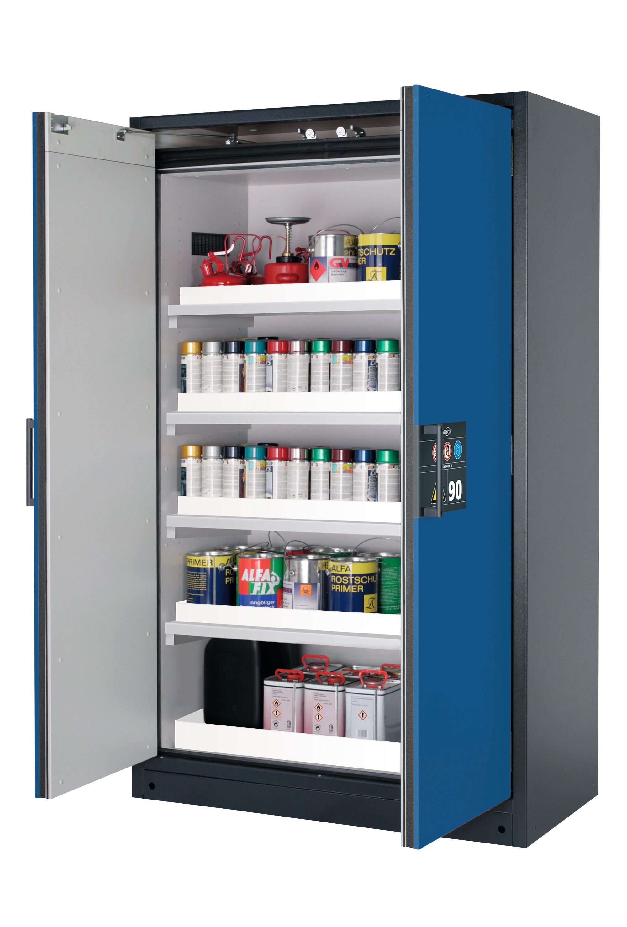 Type 90 safety storage cabinet Q-CLASSIC-90 model Q90.195.120 in gentian blue RAL 5010 with 4x tray shelf (standard) (polypropylene),