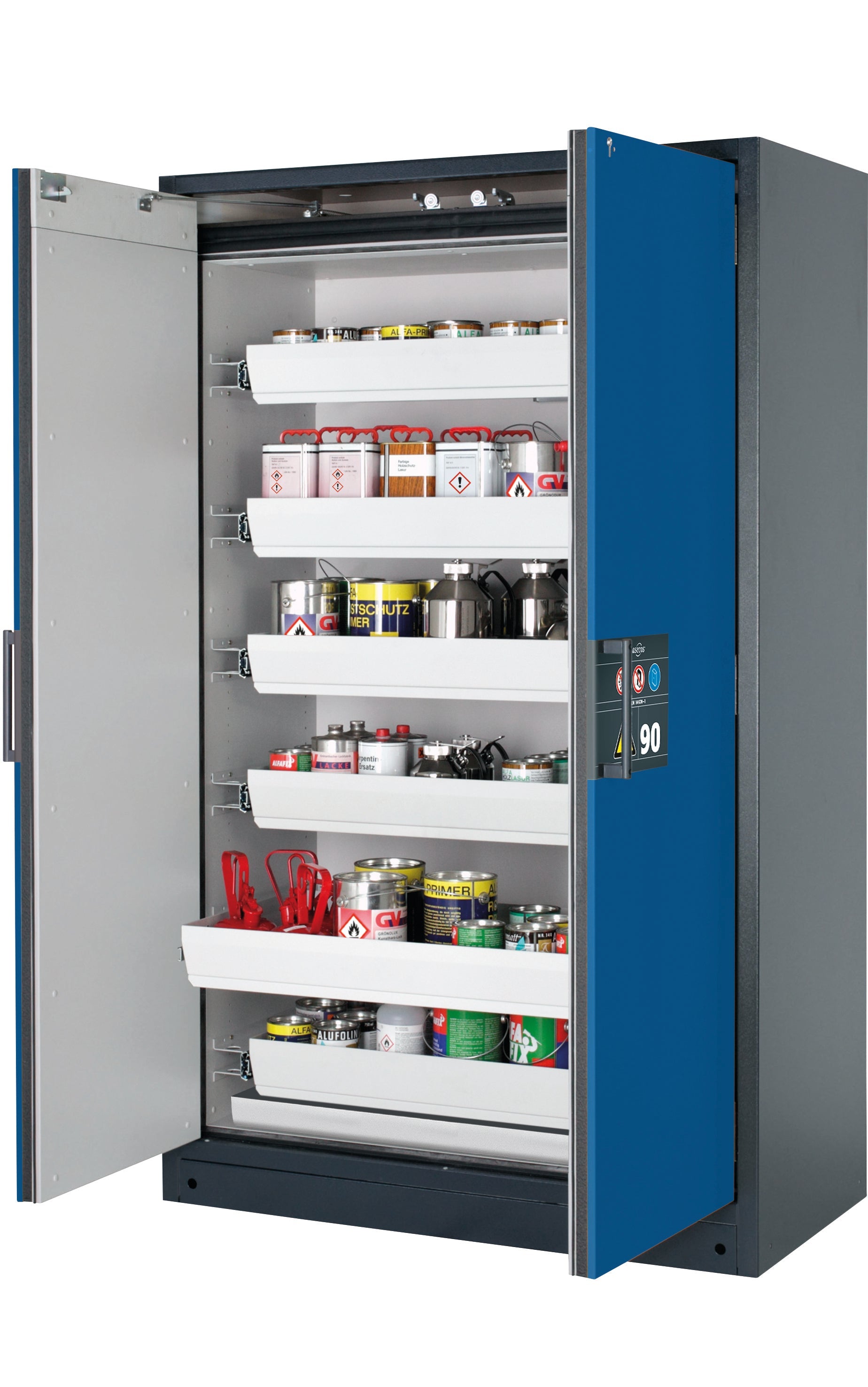 Type 90 safety storage cabinet Q-CLASSIC-90 model Q90.195.120 in gentian blue RAL 5010 with 6x drawer (standard) (sheet steel),