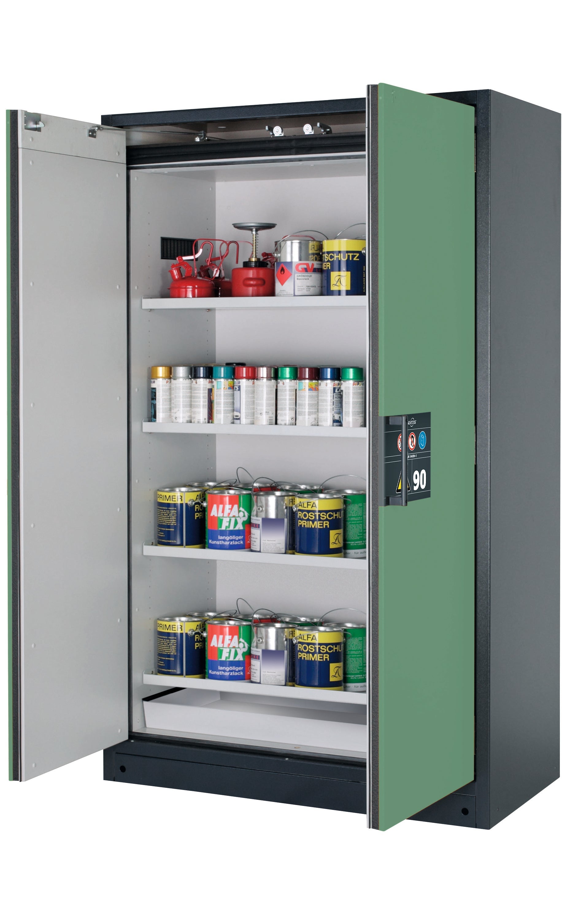 Type 90 safety storage cabinet Q-CLASSIC-90 model Q90.195.120 in reseda green RAL 6011 with 4x shelf standard (sheet steel),