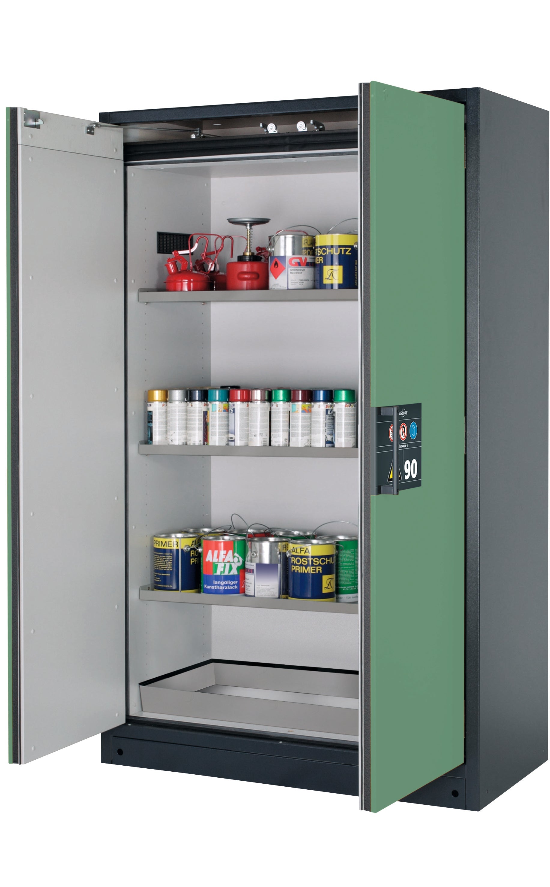 Type 90 safety storage cabinet Q-CLASSIC-90 model Q90.195.120 in reseda green RAL 6011 with 3x shelf standard (stainless steel 1.4301),