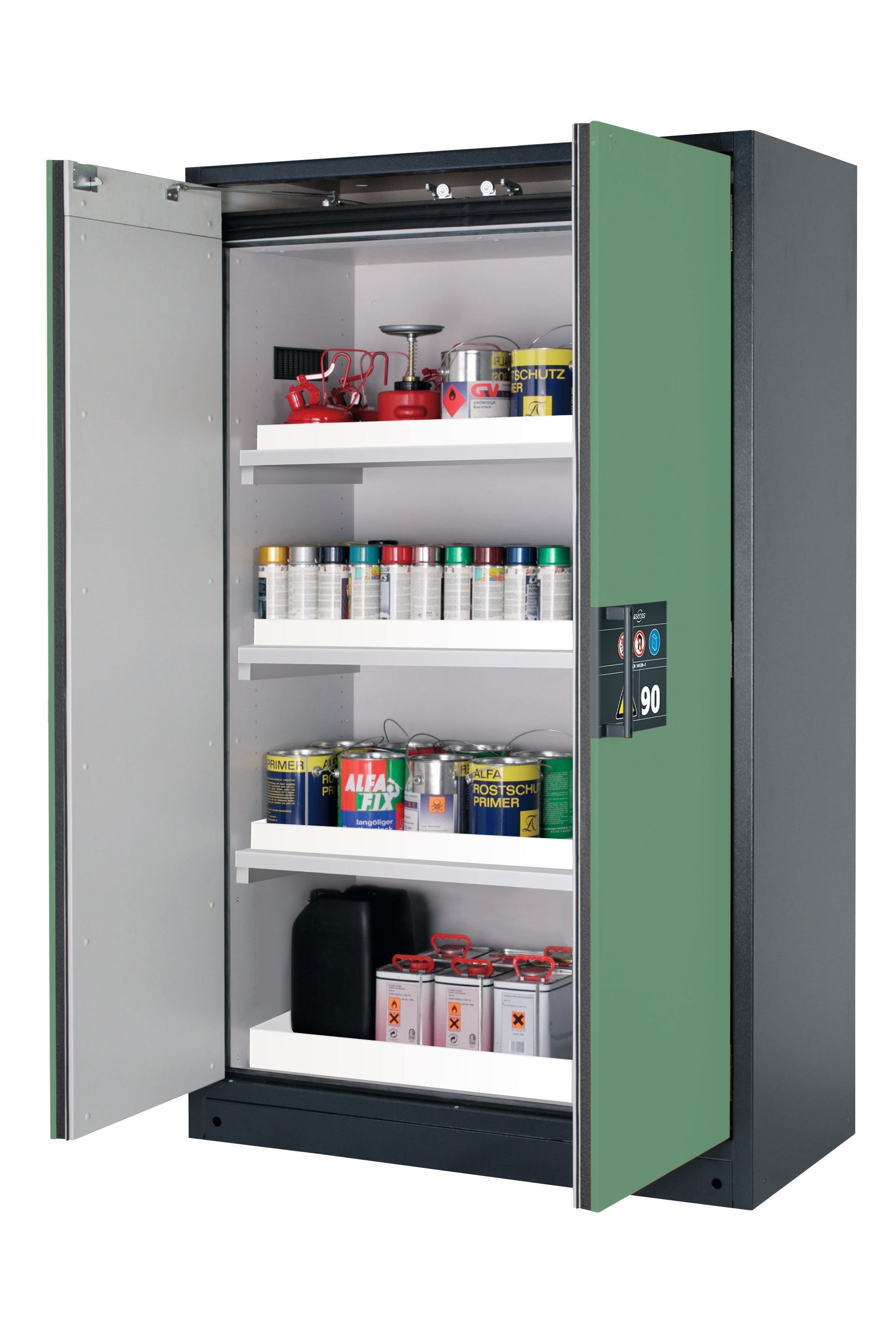 Type 90 safety storage cabinet Q-CLASSIC-90 model Q90.195.120 in reseda green RAL 6011 with 3x tray shelf (standard) (polypropylene),