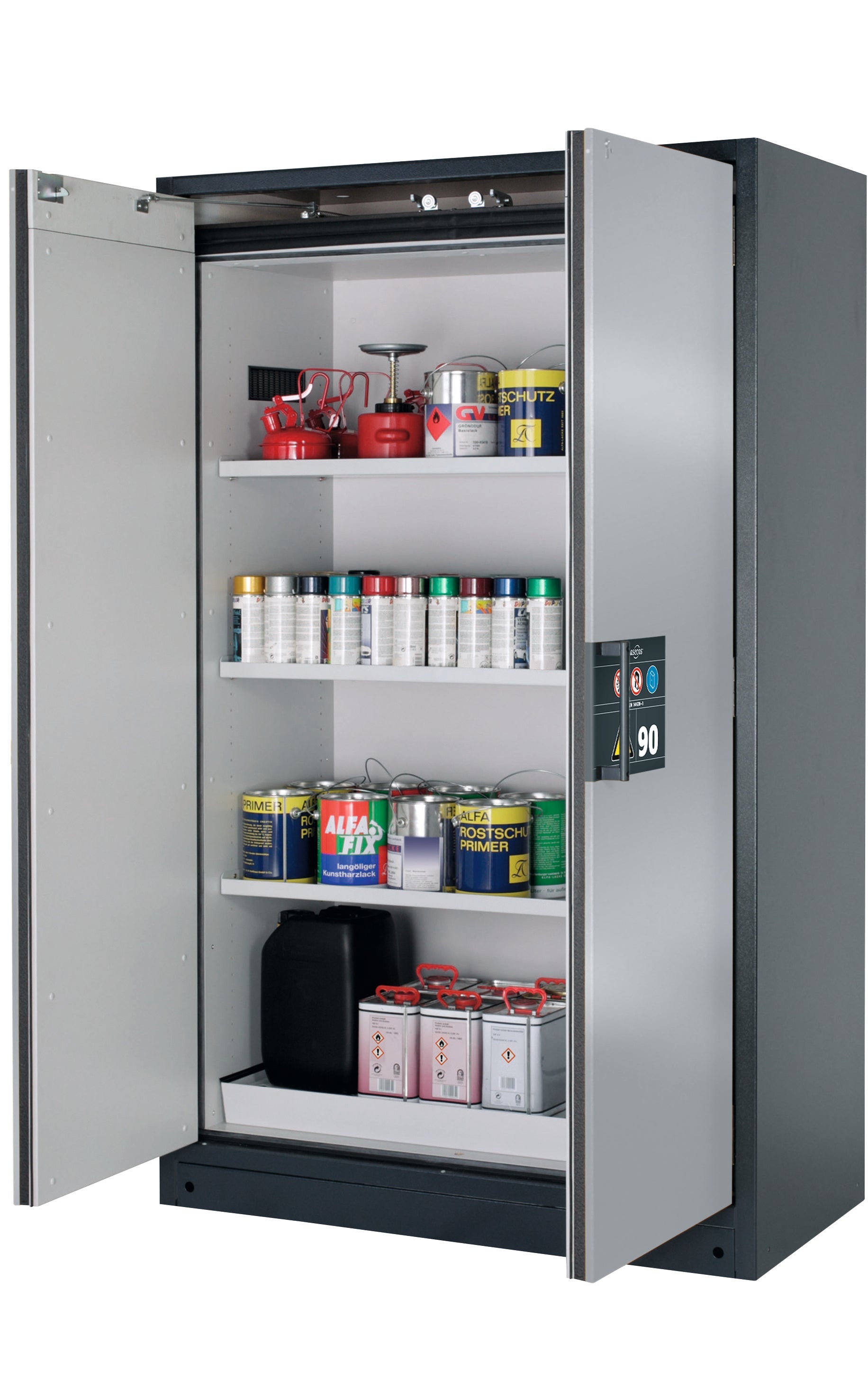 Type 90 safety storage cabinet Q-CLASSIC-90 model Q90.195.120 in asecos silver with 3x shelf standard (sheet steel),