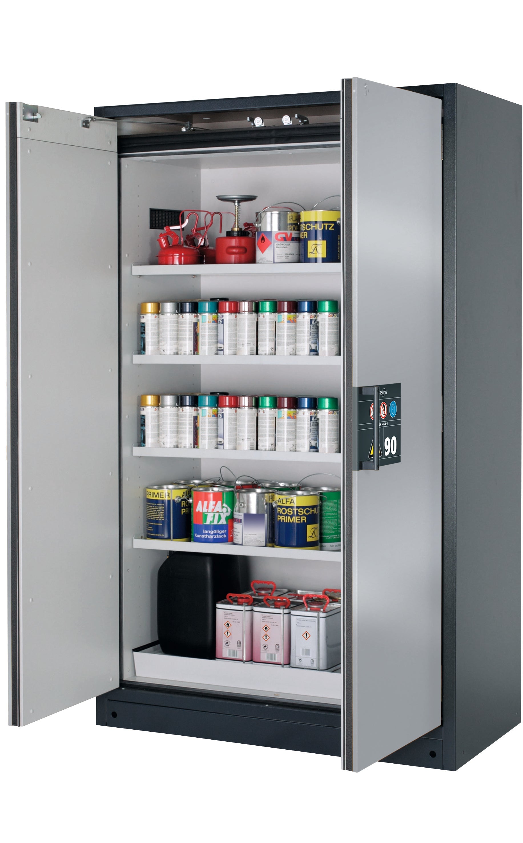 Type 90 safety storage cabinet Q-CLASSIC-90 model Q90.195.120 in asecos silver with 4x shelf standard (sheet steel),