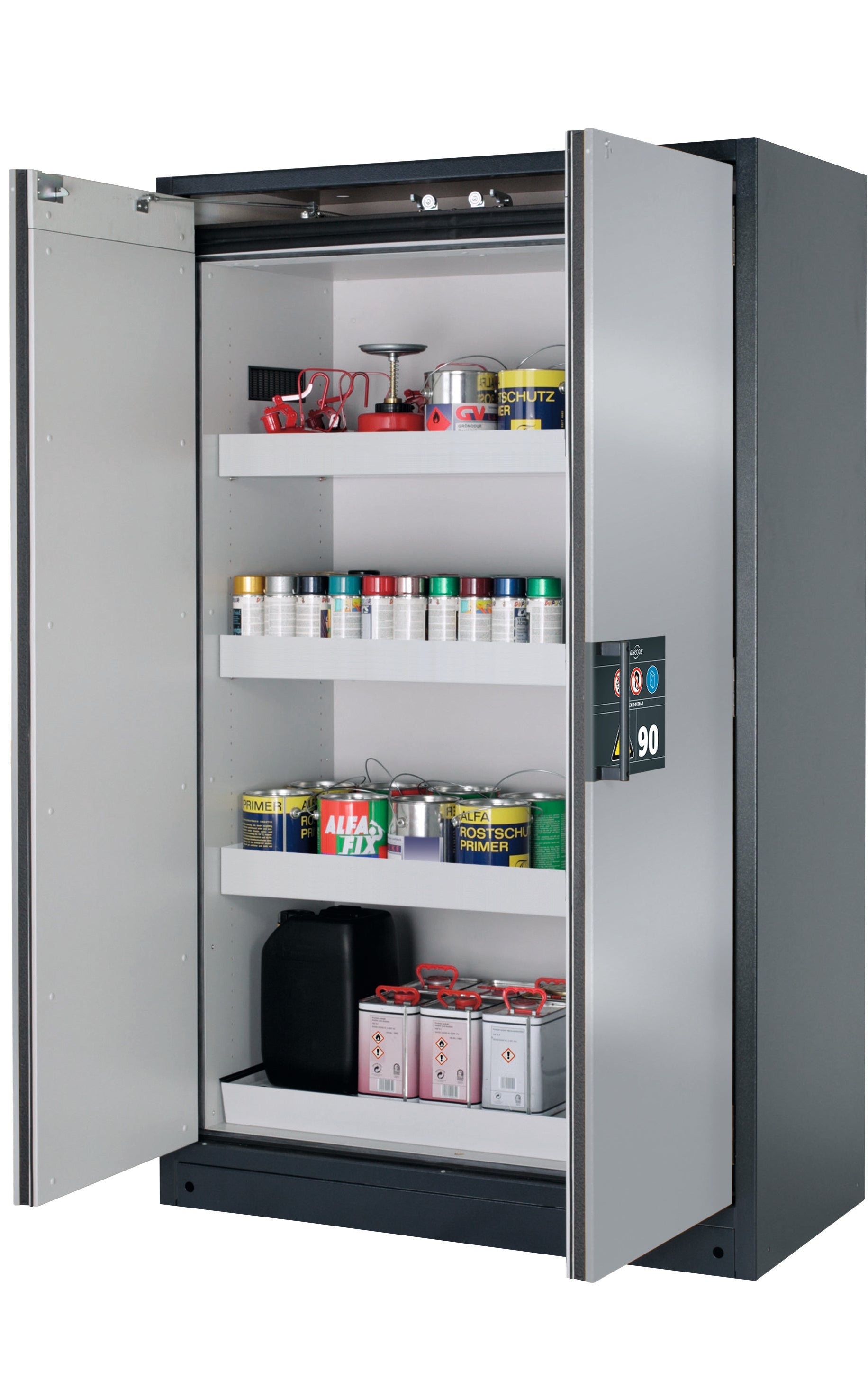 Type 90 safety storage cabinet Q-CLASSIC-90 model Q90.195.120 in asecos silver with 3x tray shelf (standard) (sheet steel),