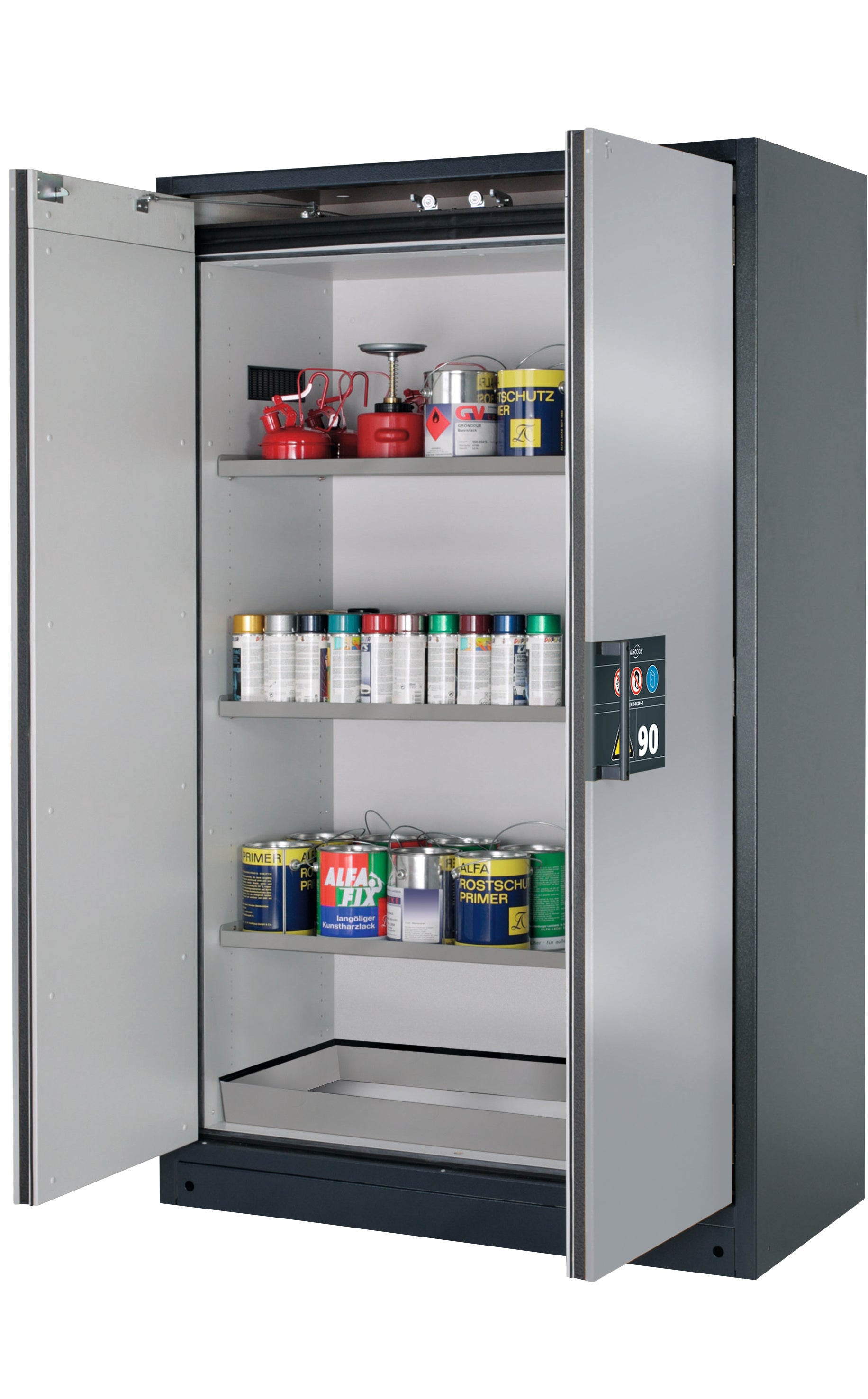 Type 90 safety storage cabinet Q-CLASSIC-90 model Q90.195.120 in asecos silver with 3x shelf standard (stainless steel 1.4301),