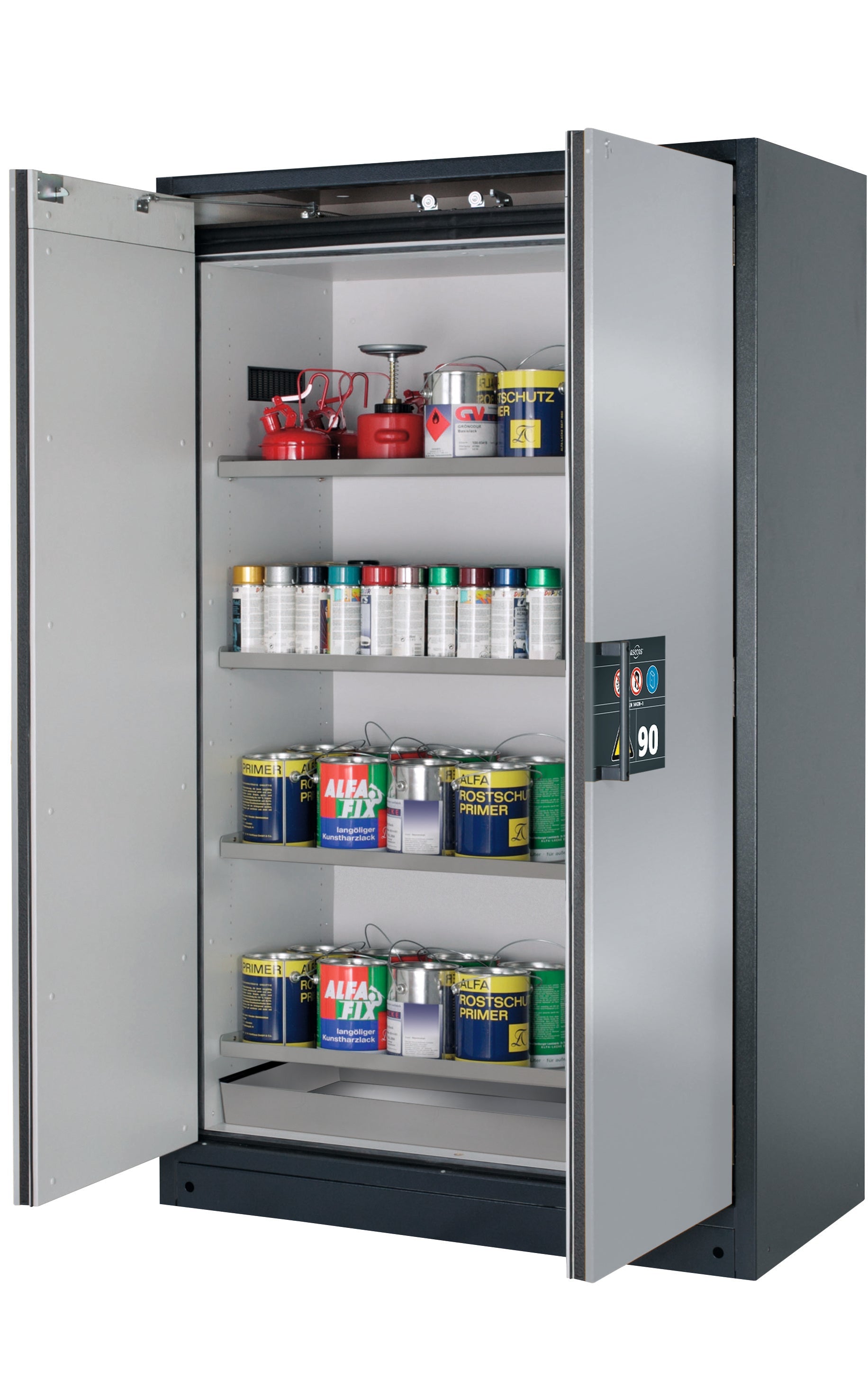 Type 90 safety storage cabinet Q-CLASSIC-90 model Q90.195.120 in asecos silver with 4x shelf standard (stainless steel 1.4301),