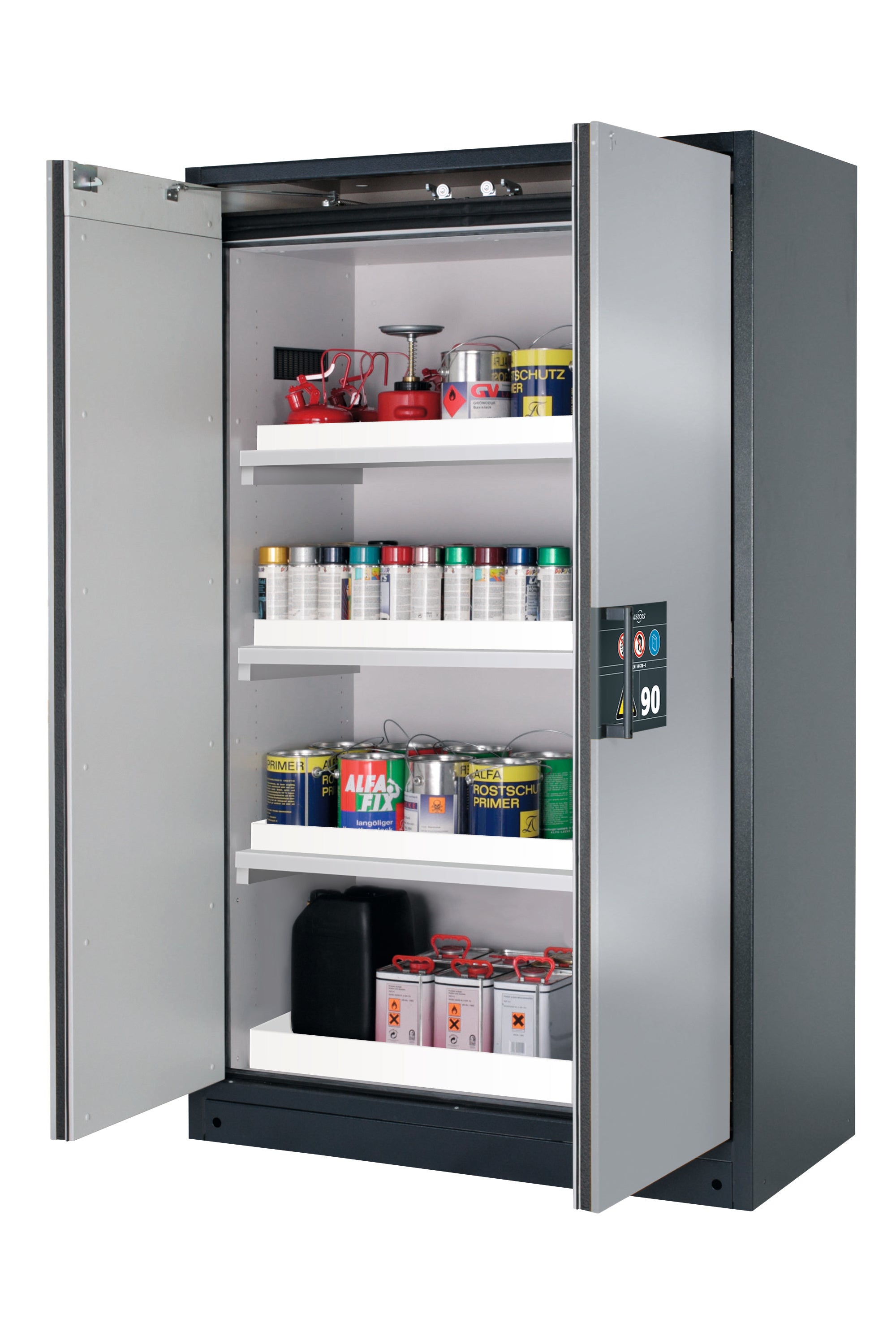 Type 90 safety storage cabinet Q-CLASSIC-90 model Q90.195.120 in asecos silver with 3x tray shelf (standard) (polypropylene),