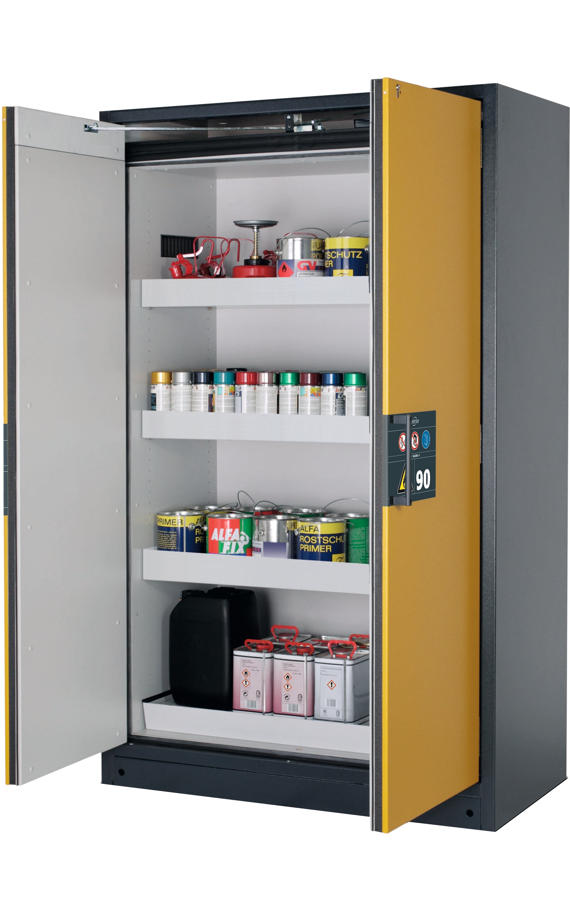Type 90 safety storage cabinet Q-PEGASUS-90 model Q90.195.120.WDAC in warning yellow RAL 1004 with 3x tray shelf (standard) (sheet steel),