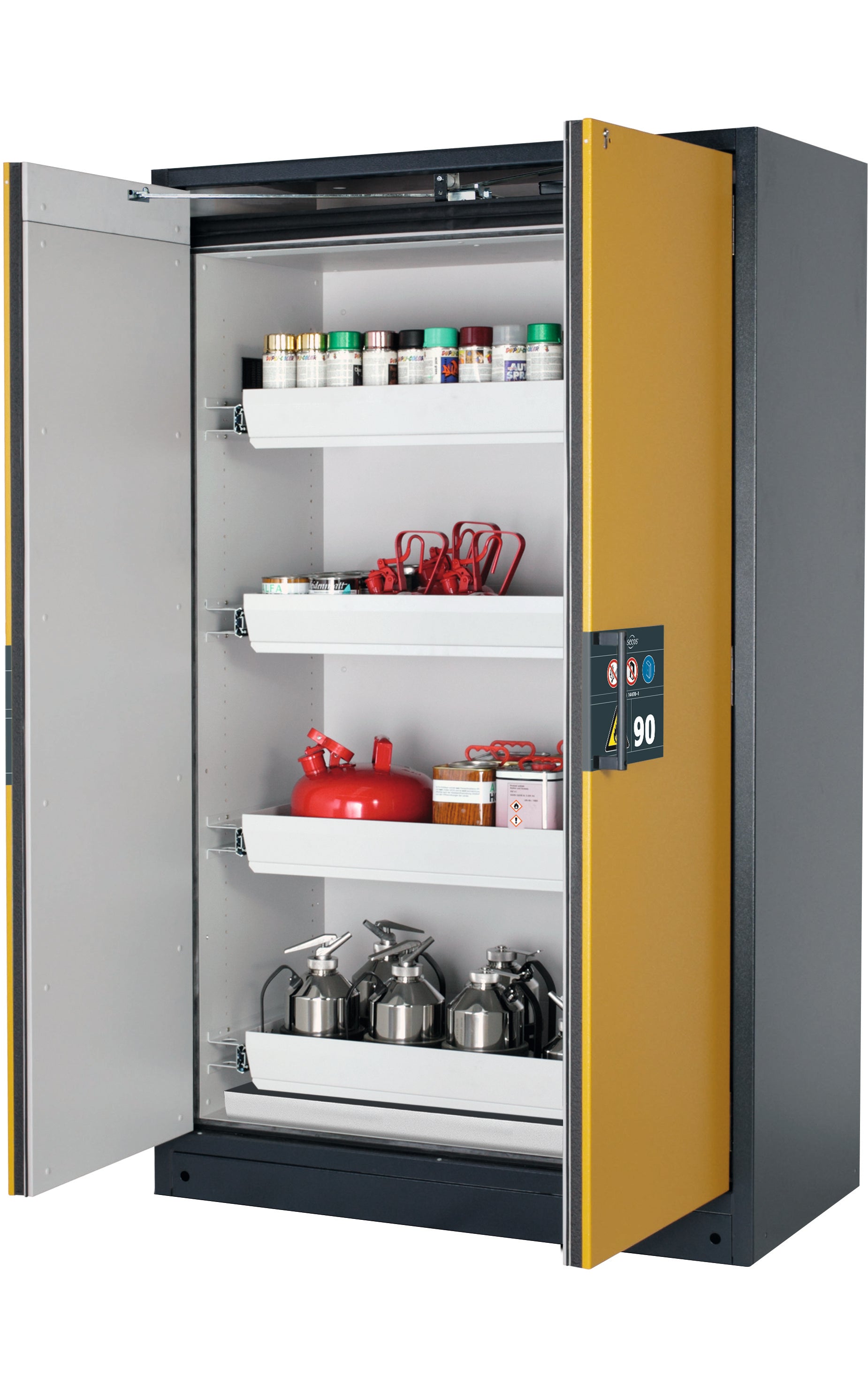 Type 90 safety storage cabinet Q-PEGASUS-90 model Q90.195.120.WDAC in warning yellow RAL 1004 with 4x drawer (standard) (sheet steel),