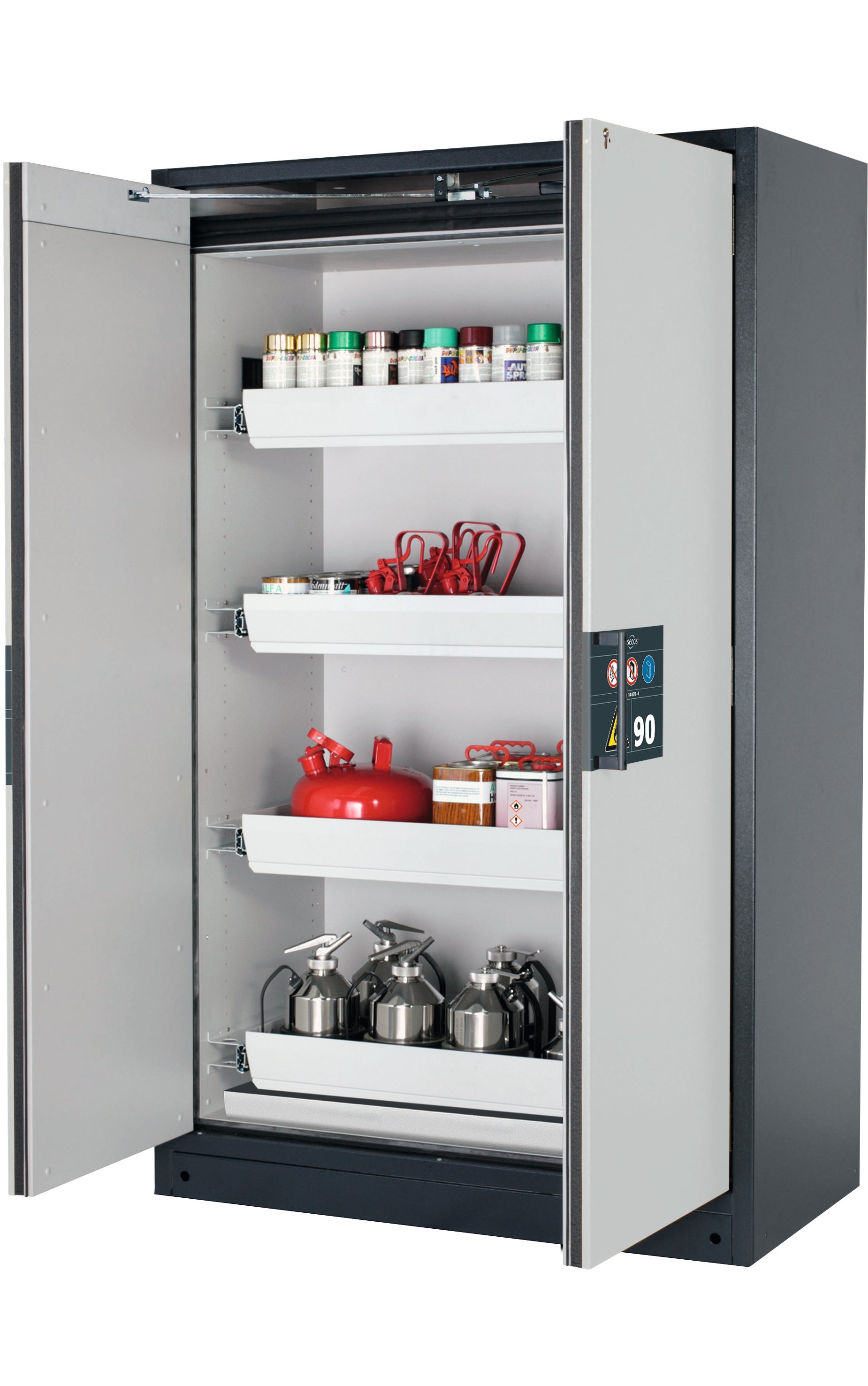 Type 90 safety storage cabinet Q-PEGASUS-90 model Q90.195.120.WDAC in light grey RAL 7035 with 4x drawer (standard) (sheet steel),