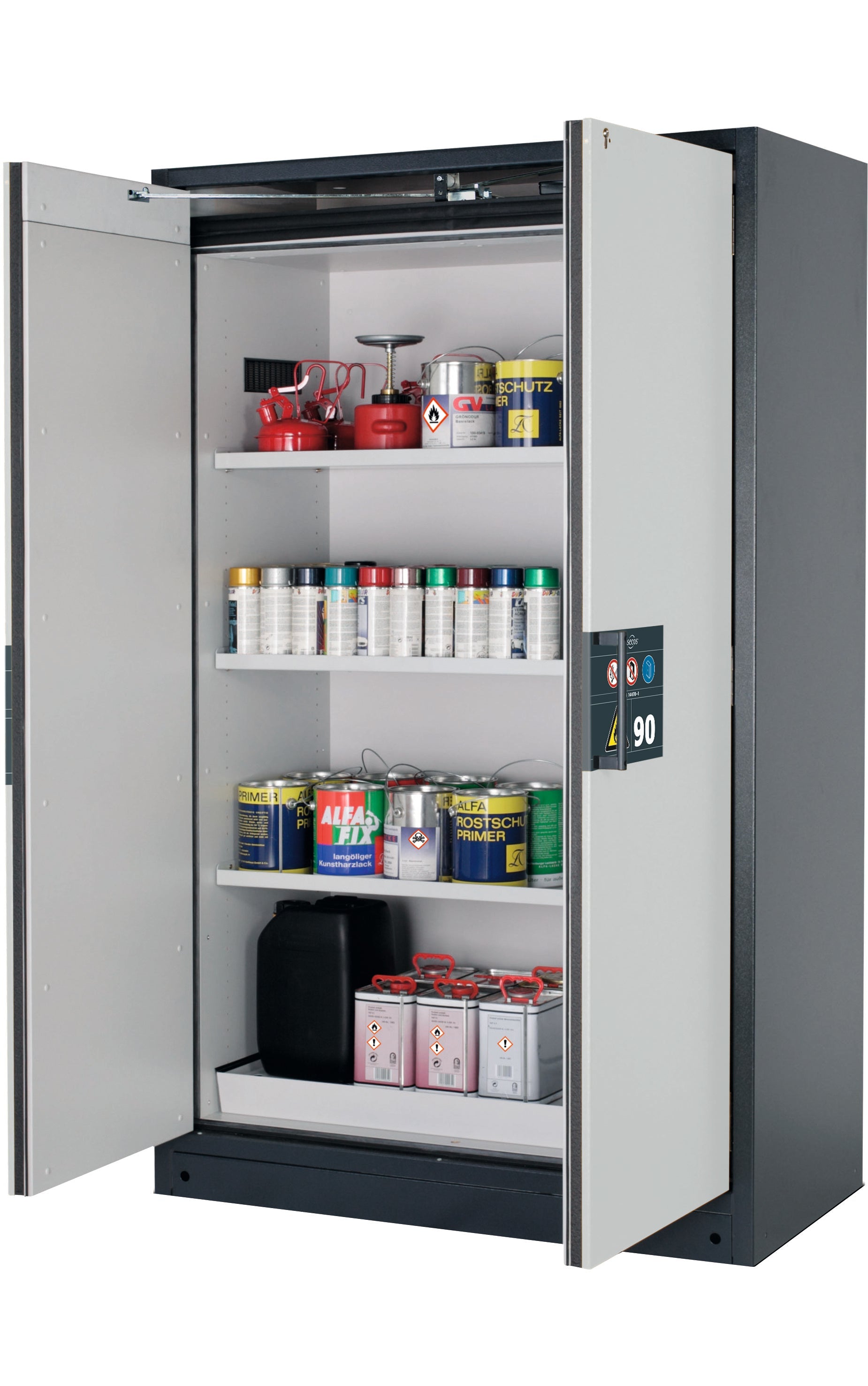 Type 90 safety storage cabinet Q-PEGASUS-90 model Q90.195.120.WDAC in light grey RAL 7035 with 3x shelf standard (sheet steel),