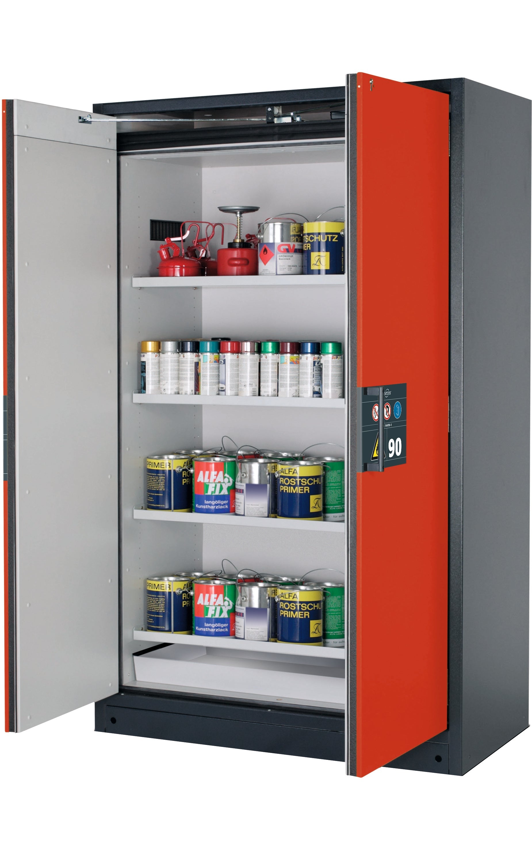 Type 90 safety storage cabinet Q-PEGASUS-90 model Q90.195.120.WDAC in traffic red RAL 3020 with 4x shelf standard (sheet steel),