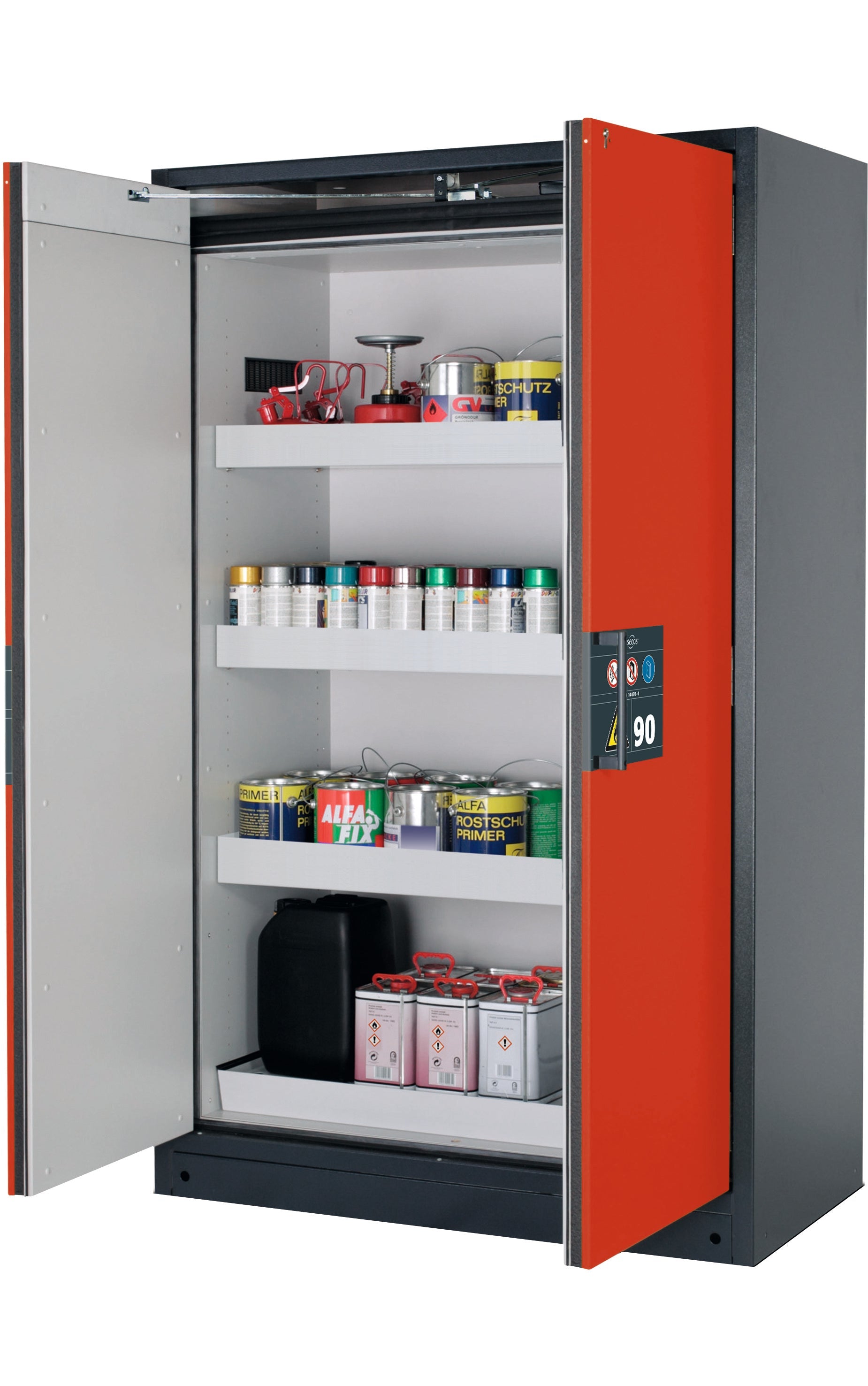 Type 90 safety storage cabinet Q-PEGASUS-90 model Q90.195.120.WDAC in traffic red RAL 3020 with 3x tray shelf (standard) (sheet steel),