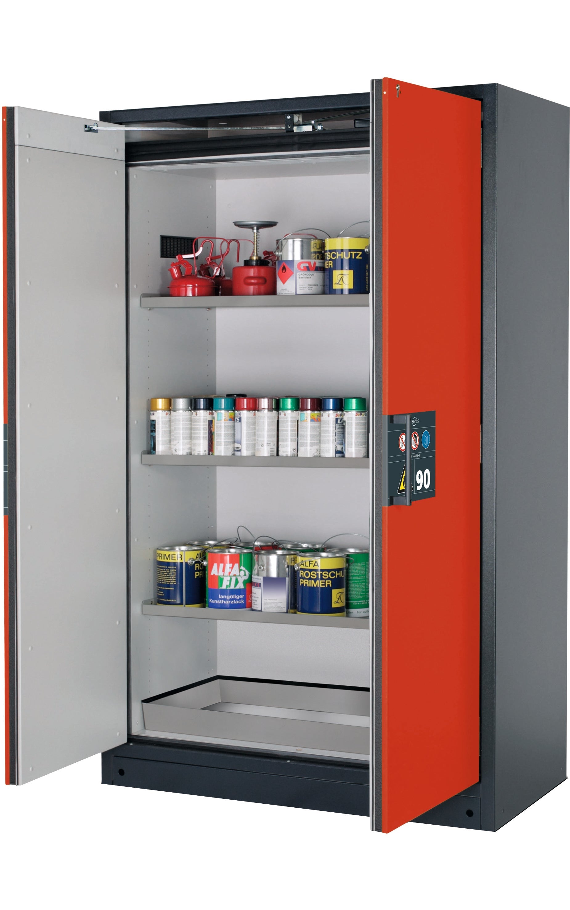 Type 90 safety storage cabinet Q-PEGASUS-90 model Q90.195.120.WDAC in traffic red RAL 3020 with 3x shelf standard (stainless steel 1.4301),