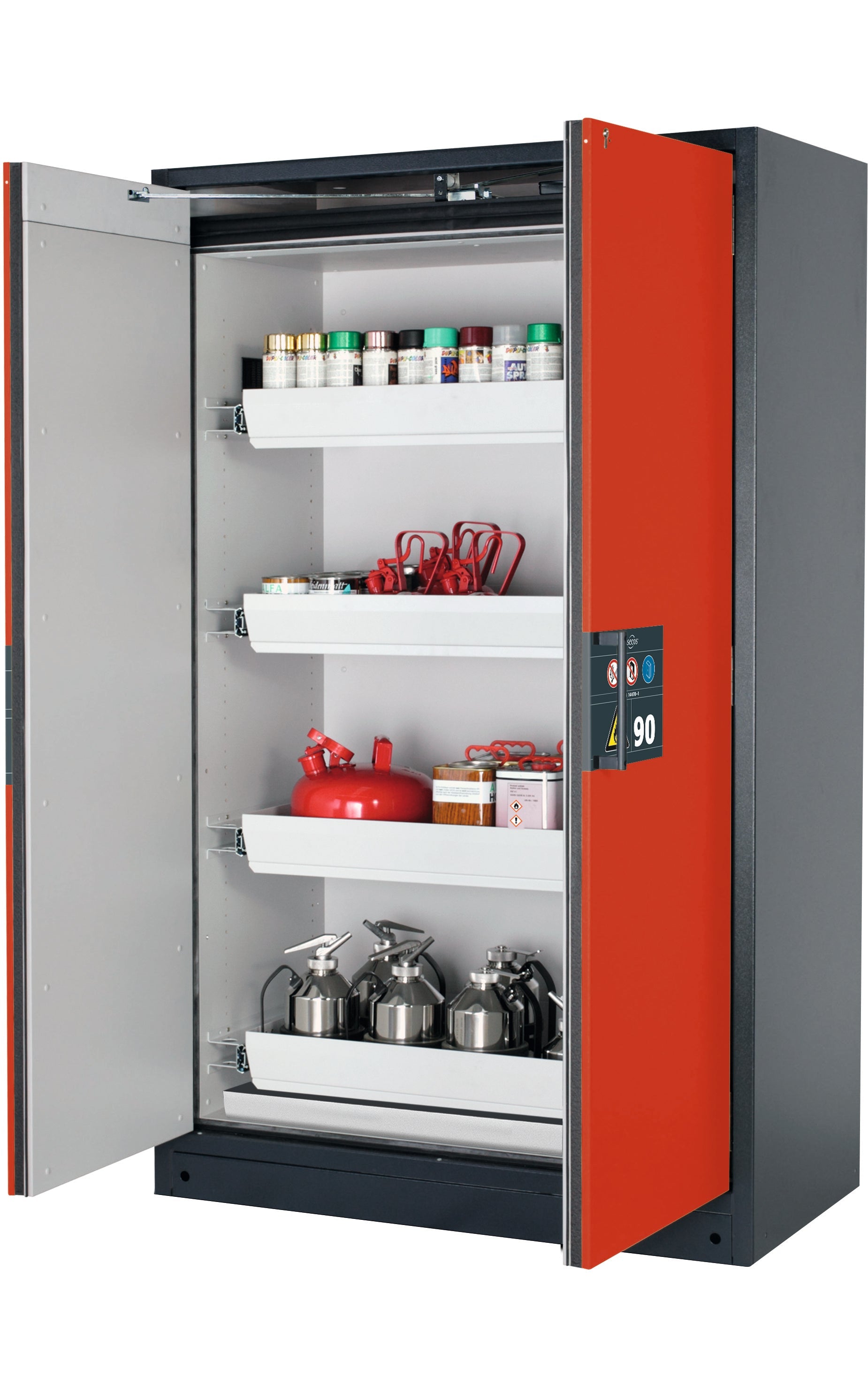 Type 90 safety storage cabinet Q-PEGASUS-90 model Q90.195.120.WDAC in traffic red RAL 3020 with 4x drawer (standard) (sheet steel),