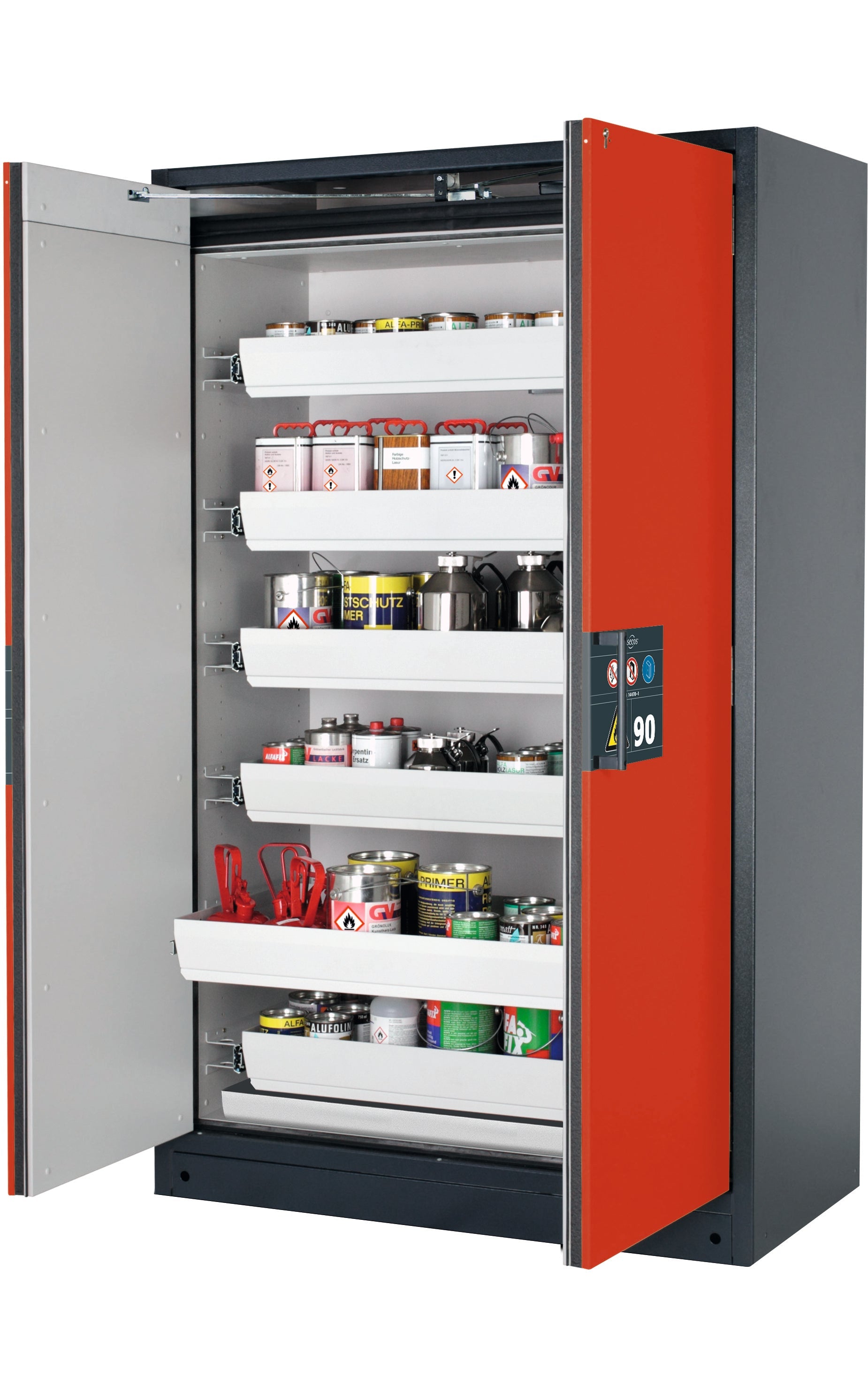 Type 90 safety storage cabinet Q-PEGASUS-90 model Q90.195.120.WDAC in traffic red RAL 3020 with 6x drawer (standard) (sheet steel),