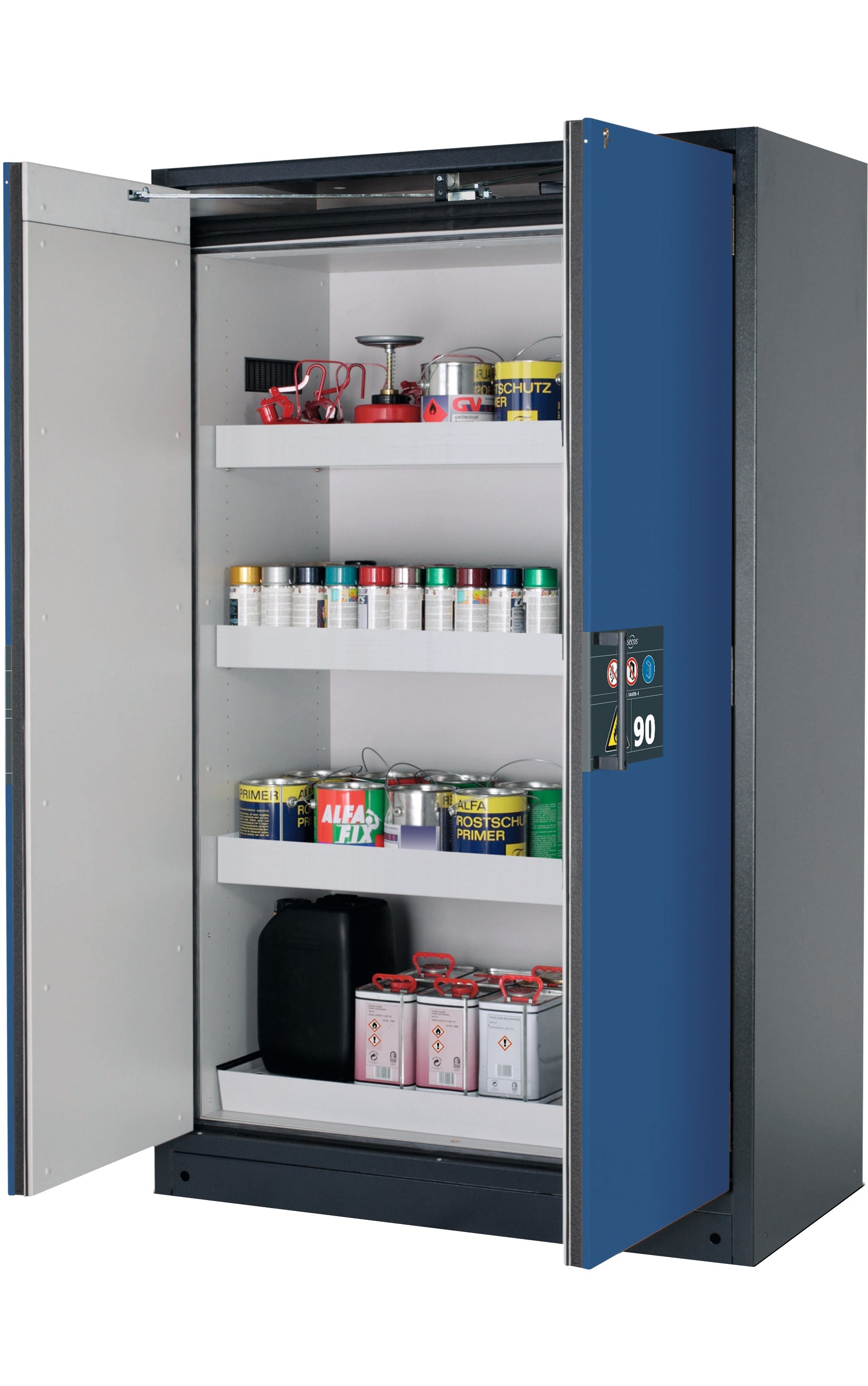 Type 90 safety storage cabinet Q-PEGASUS-90 model Q90.195.120.WDAC in gentian blue RAL 5010 with 3x tray shelf (standard) (sheet steel),