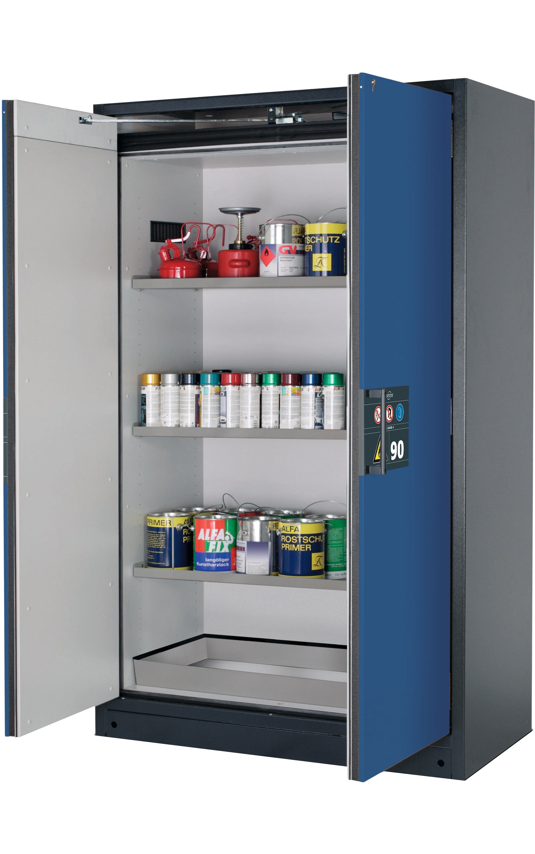 Type 90 safety storage cabinet Q-PEGASUS-90 model Q90.195.120.WDAC in gentian blue RAL 5010 with 3x shelf standard (stainless steel 1.4301),