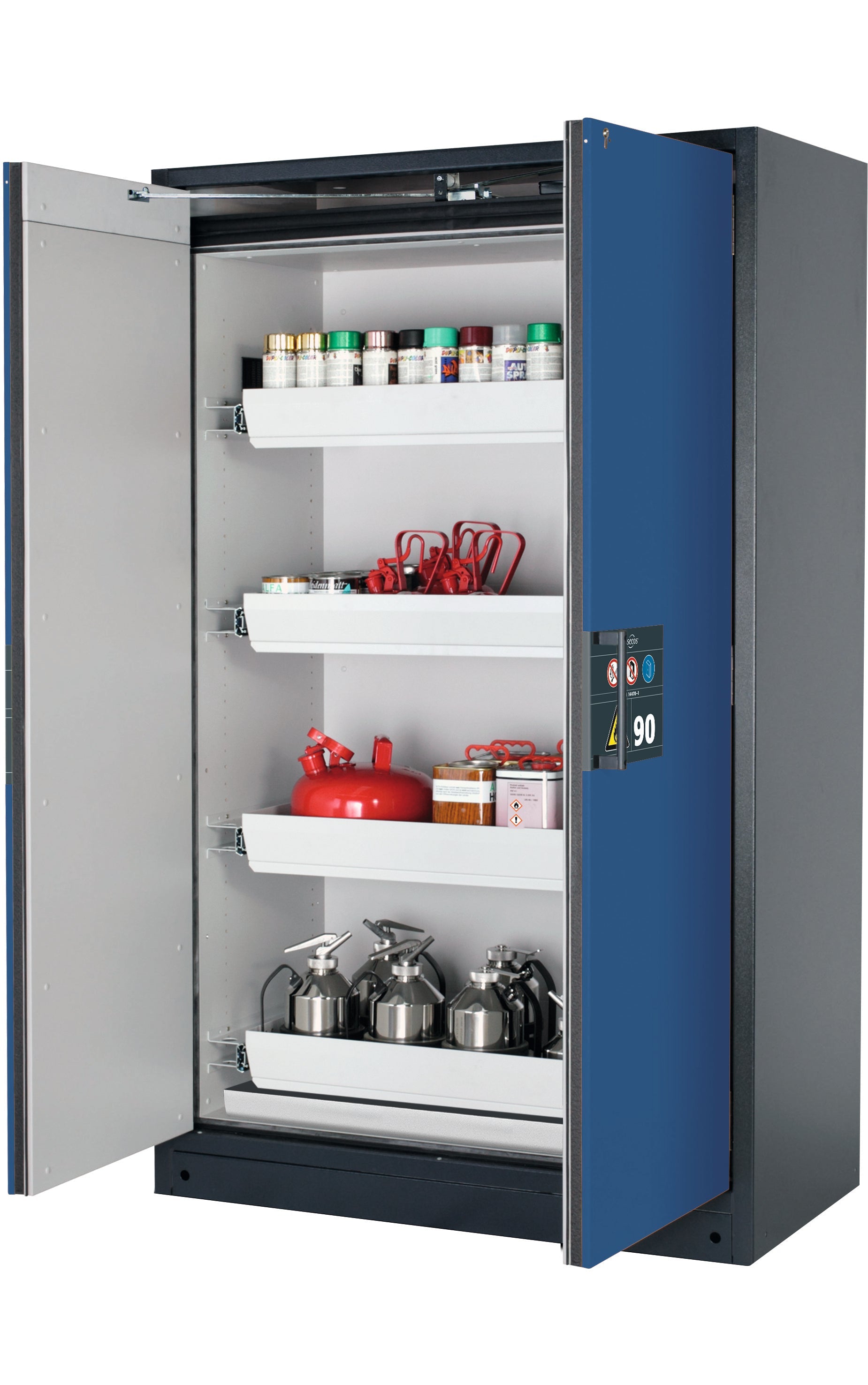 Type 90 safety storage cabinet Q-PEGASUS-90 model Q90.195.120.WDAC in gentian blue RAL 5010 with 4x drawer (standard) (sheet steel),