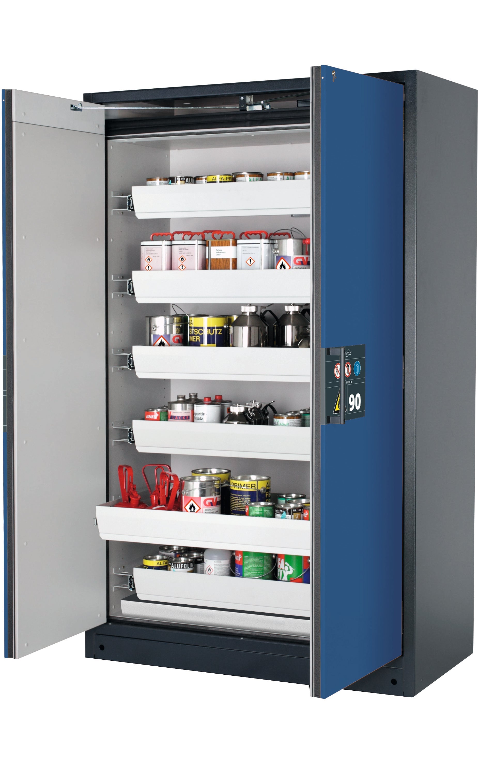 Type 90 safety storage cabinet Q-PEGASUS-90 model Q90.195.120.WDAC in gentian blue RAL 5010 with 6x drawer (standard) (sheet steel),