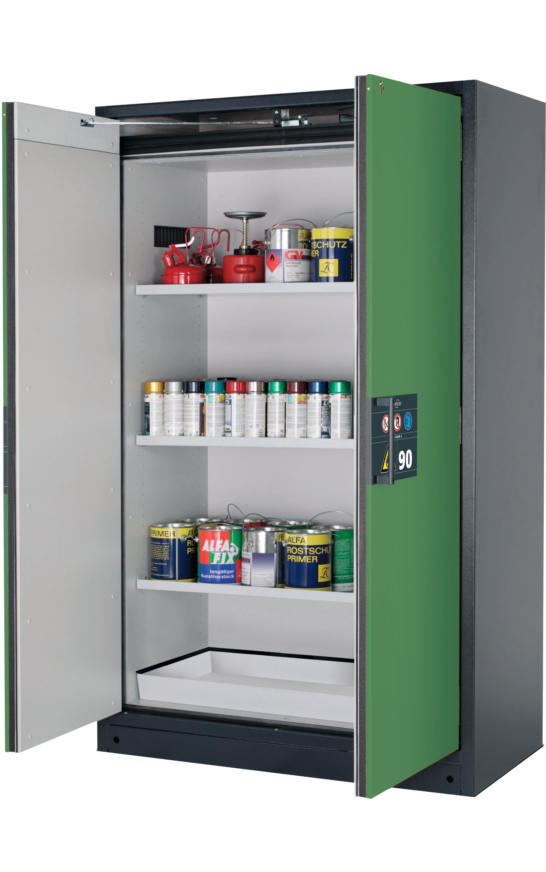 Type 90 safety storage cabinet Q-PEGASUS-90 model Q90.195.120.WDAC in reseda green RAL 6011 with 3x shelf standard (sheet steel),