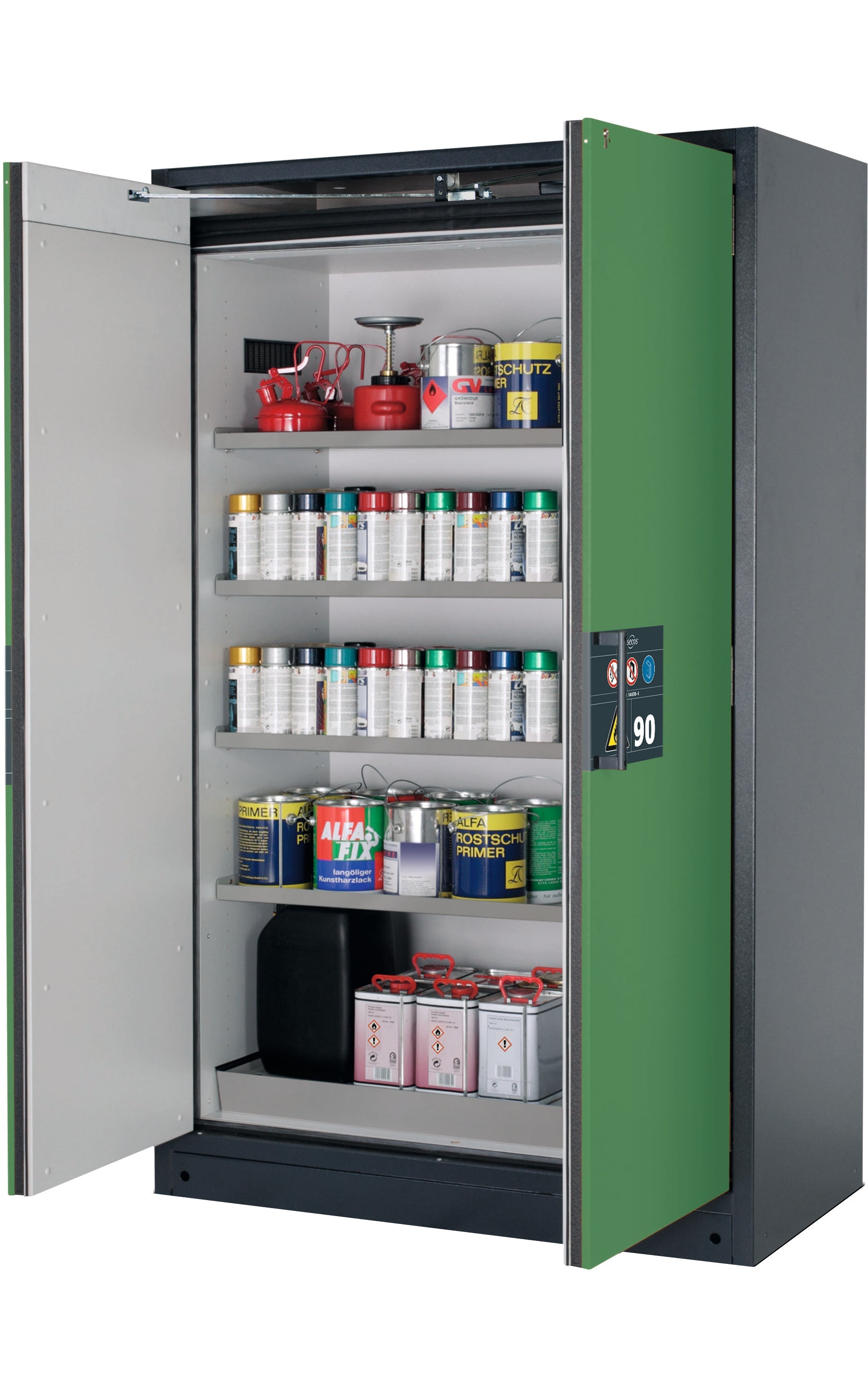 Type 90 safety storage cabinet Q-PEGASUS-90 model Q90.195.120.WDAC in reseda green RAL 6011 with 4x shelf standard (stainless steel 1.4301),