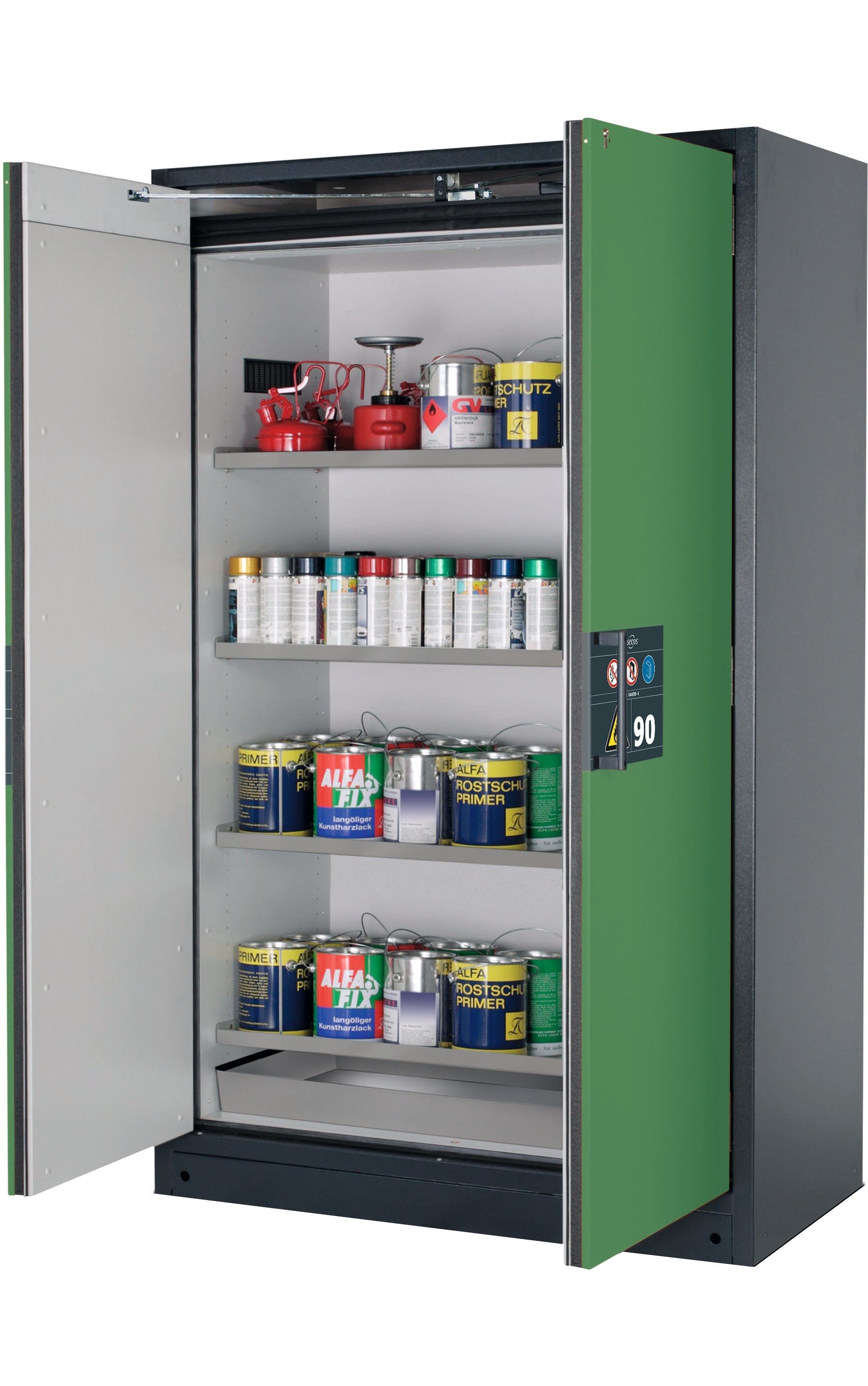 Type 90 Armoires de sécurité Q-PEGASUS modèle Q90.195.120.WDAC en vert réséda RAL 6011 avec 4x étagères standard (acier inoxydable 1.4301)