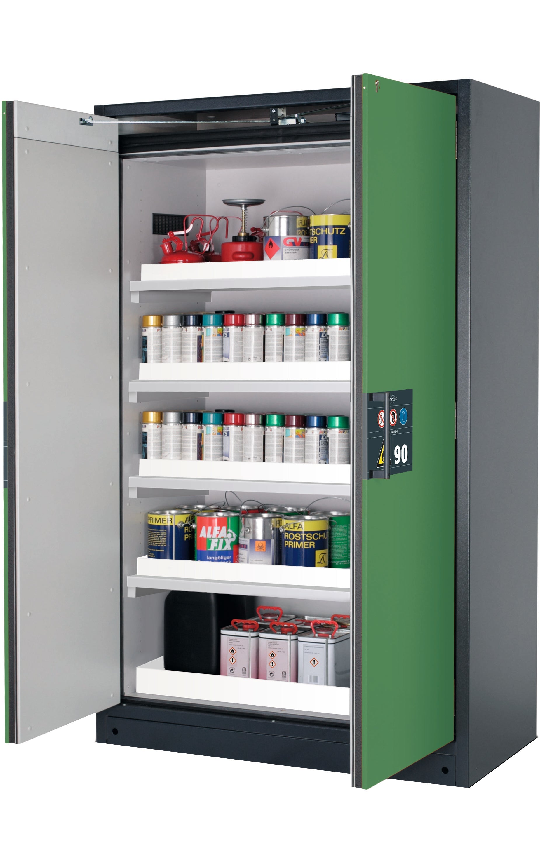 Type 90 safety storage cabinet Q-PEGASUS-90 model Q90.195.120.WDAC in reseda green RAL 6011 with 4x tray shelf (standard) (polypropylene),