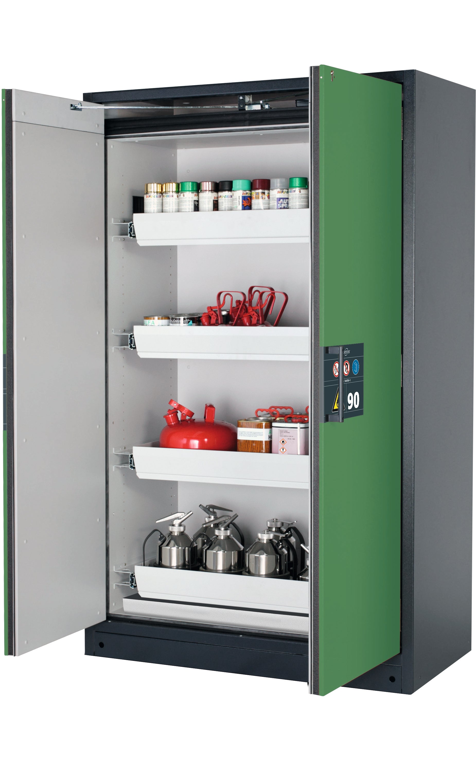 Type 90 safety storage cabinet Q-PEGASUS-90 model Q90.195.120.WDAC in reseda green RAL 6011 with 4x drawer (standard) (sheet steel),