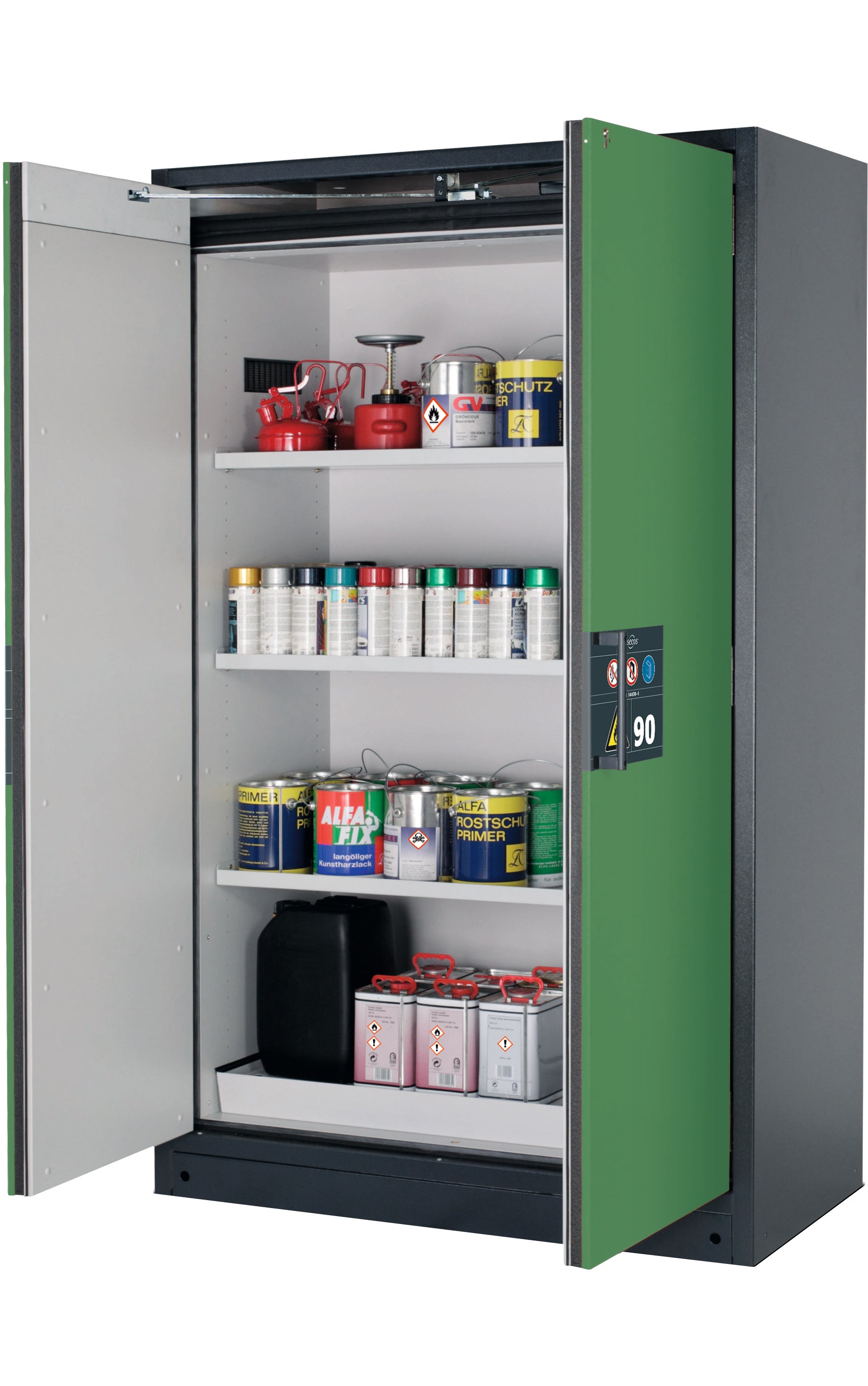 Type 90 safety storage cabinet Q-PEGASUS-90 model Q90.195.120.WDAC in reseda green RAL 6011 with 3x shelf standard (sheet steel),