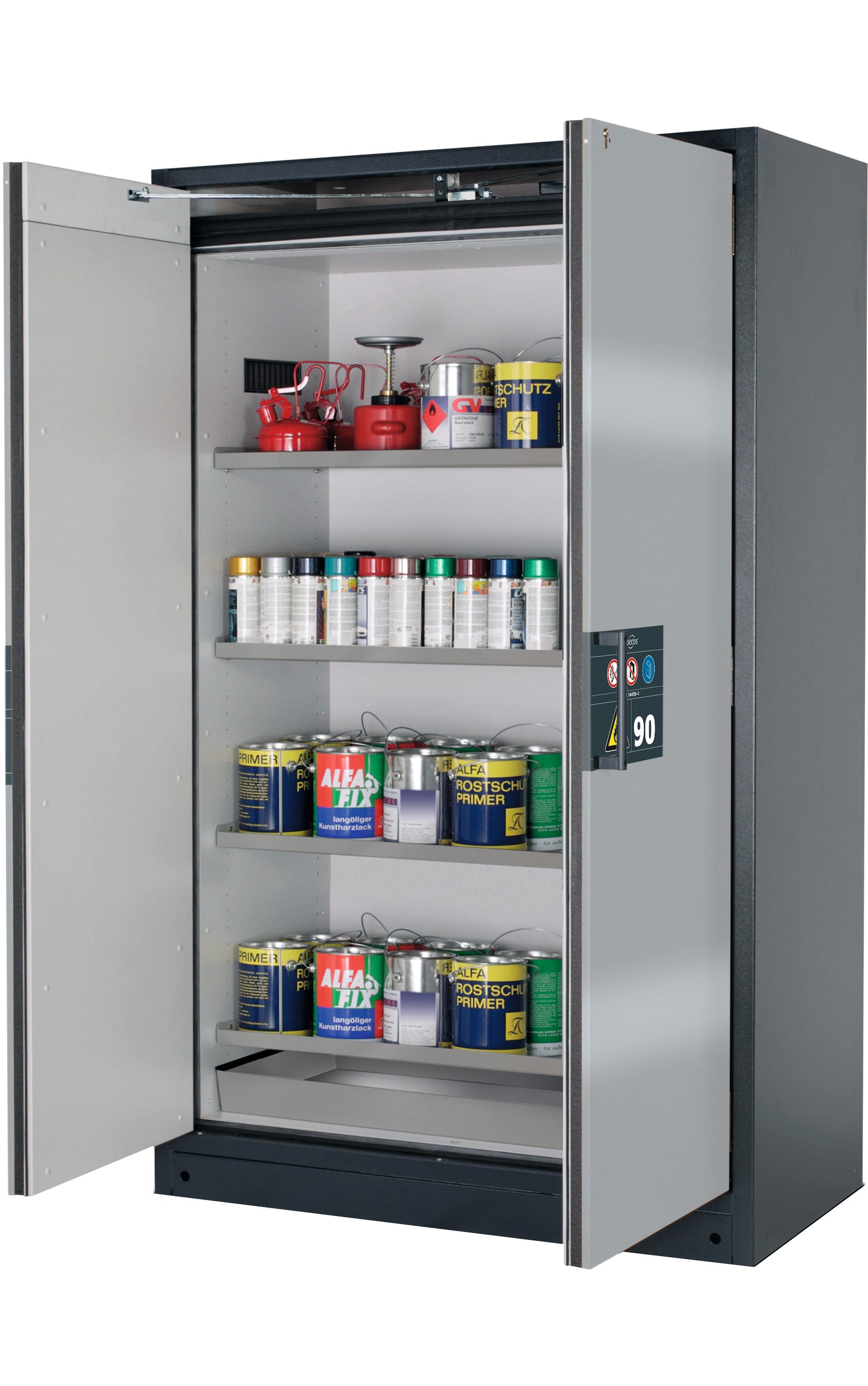 Typ 90 Sicherheitsschrank Q-PEGASUS-90 Modell Q90.195.120.WDAC in asecos Silber mit 4x Fachboden Standard (Edelstahl 1.4301)