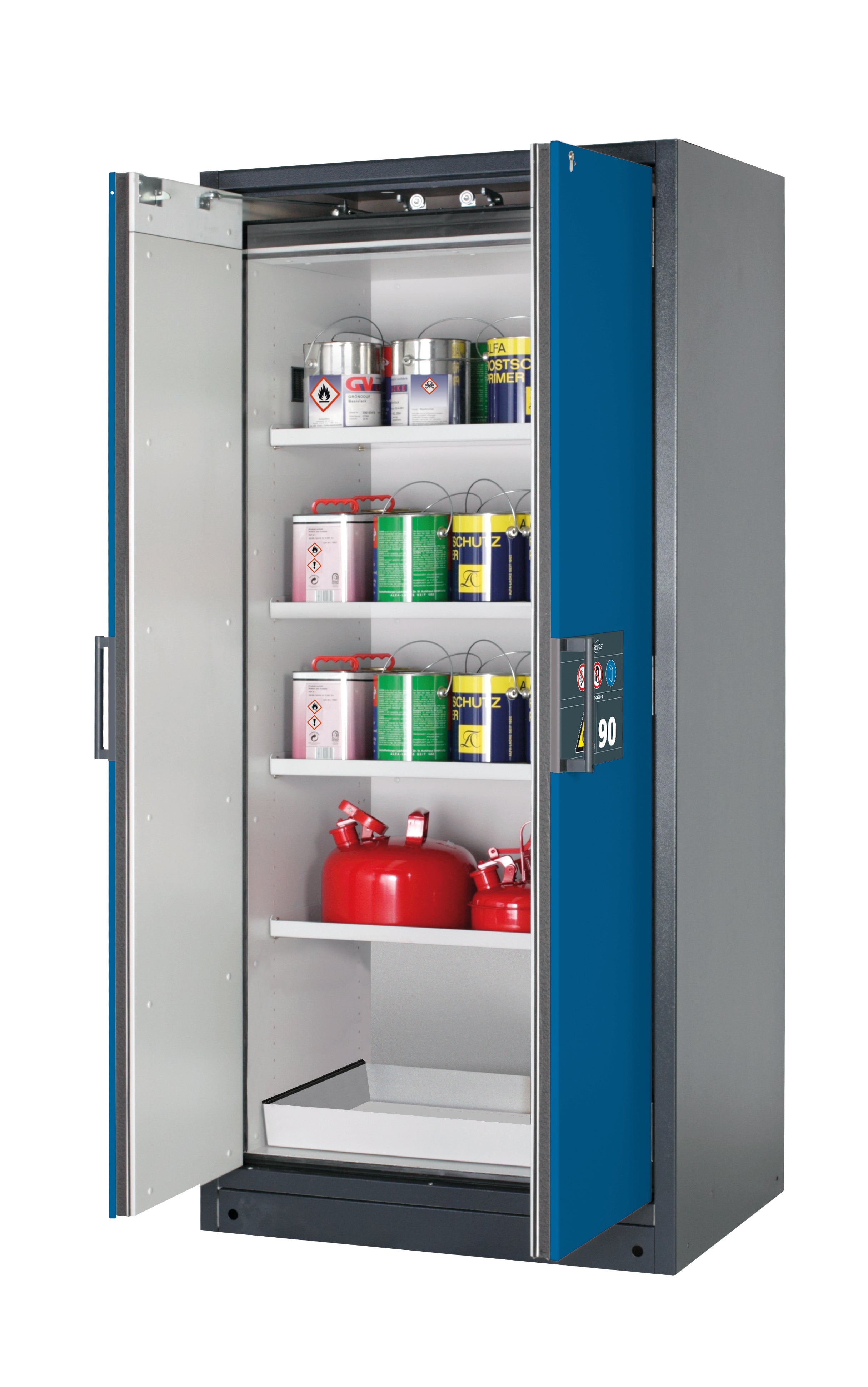 Type 90 safety storage cabinet Q-CLASSIC-90 model Q90.195.090 in gentian blue RAL 5010 with 4x shelf standard (sheet steel),