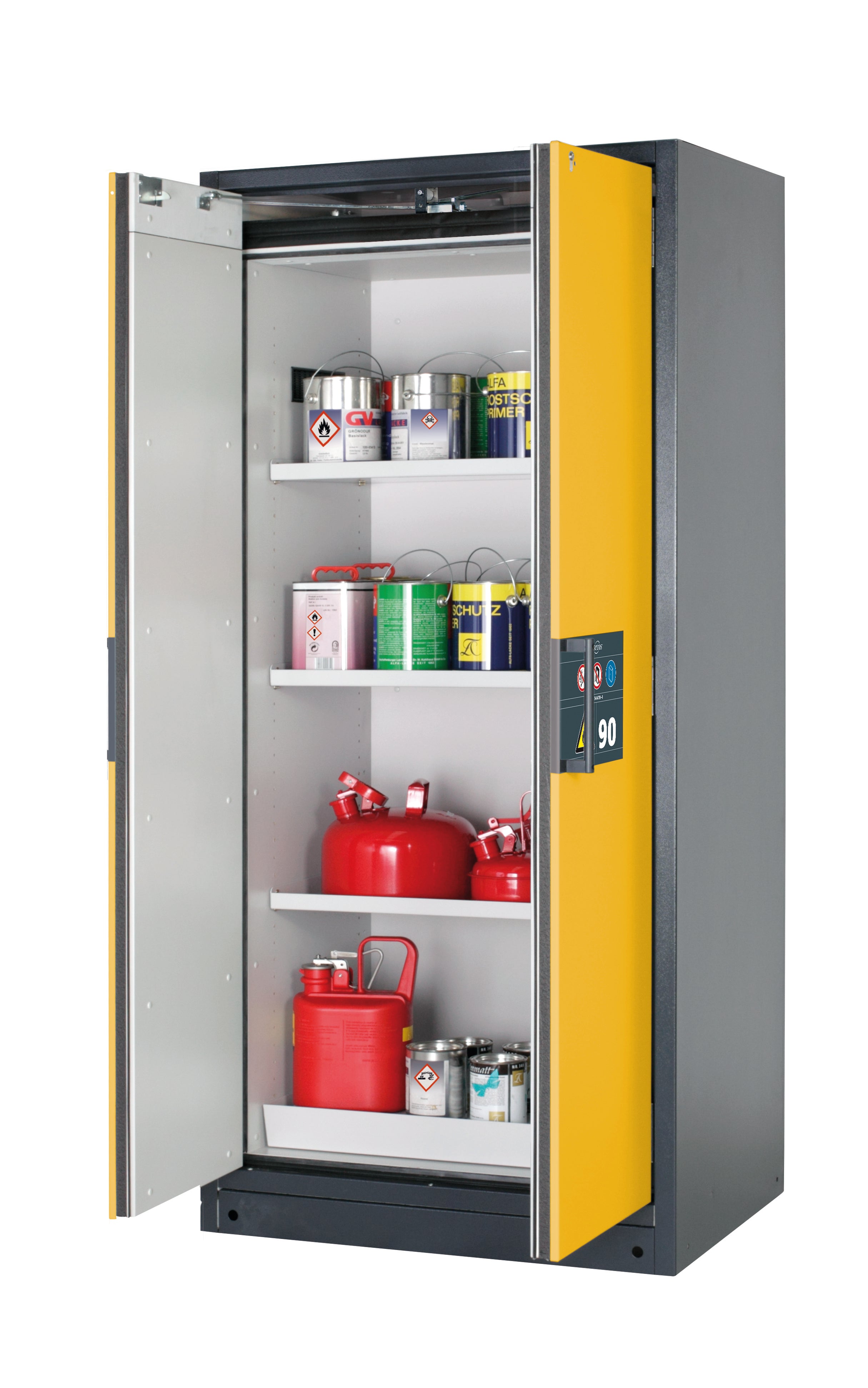 Typ 90 Sicherheitsschrank Q-PEGASUS-90 Modell Q90.195.090.WDAC in sicherheitsgelb RAL 1004 mit 3x Fachboden Standard (Stahlblech)