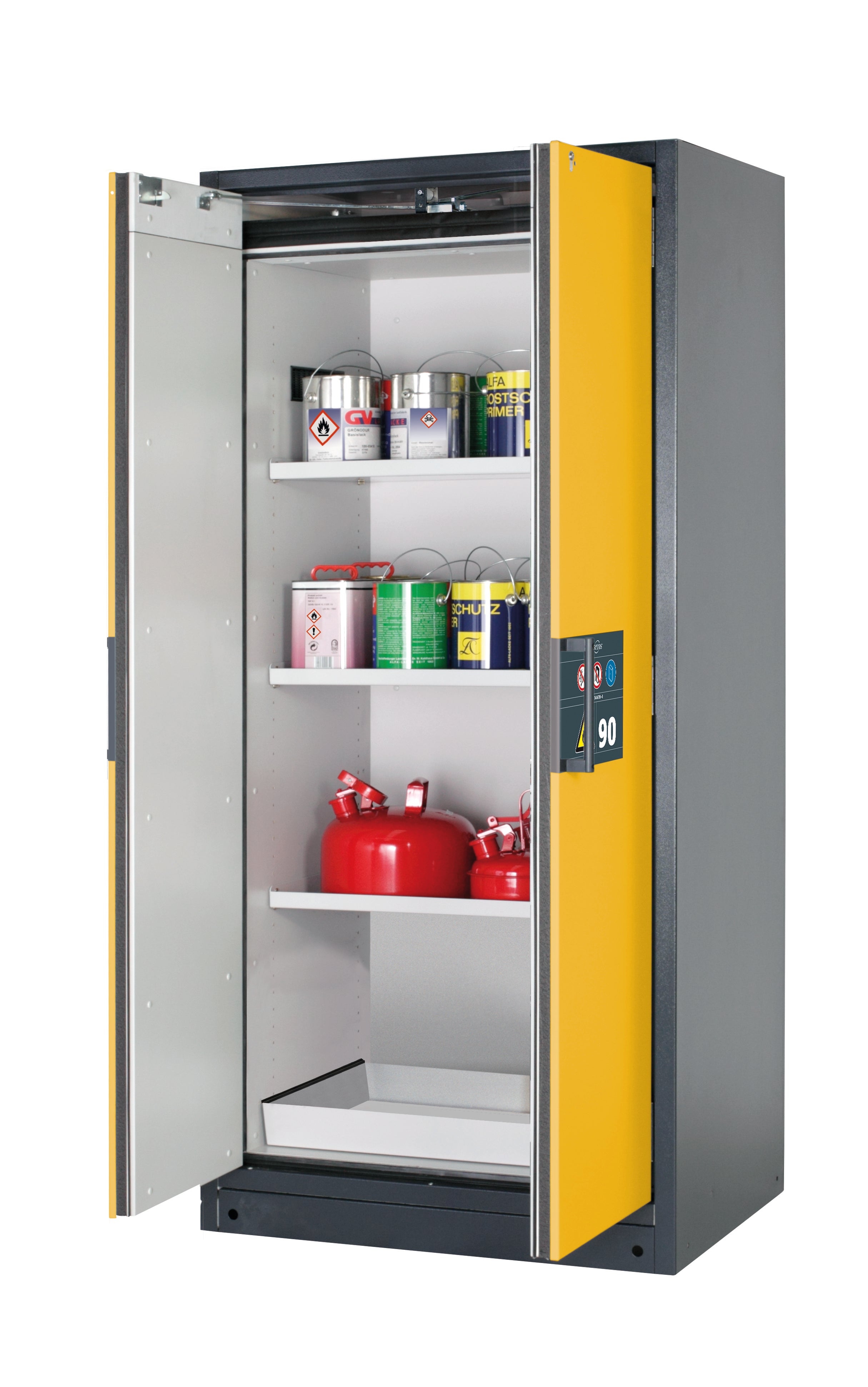 Typ 90 Sicherheitsschrank Q-PEGASUS-90 Modell Q90.195.090.WDAC in sicherheitsgelb RAL 1004 mit 3x Fachboden Standard (Stahlblech)