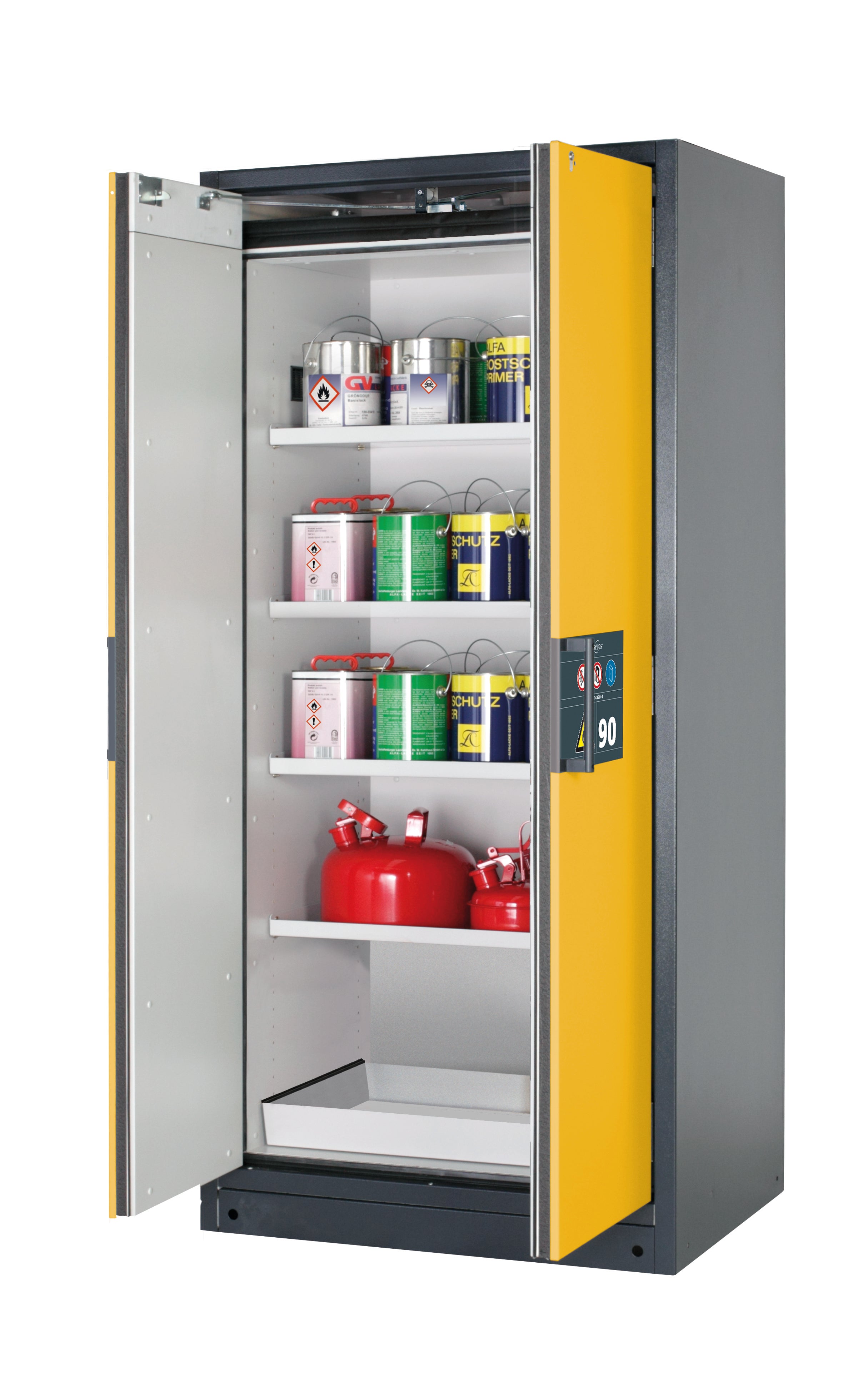 Typ 90 Sicherheitsschrank Q-PEGASUS-90 Modell Q90.195.090.WDAC in sicherheitsgelb RAL 1004 mit 4x Fachboden Standard (Stahlblech)