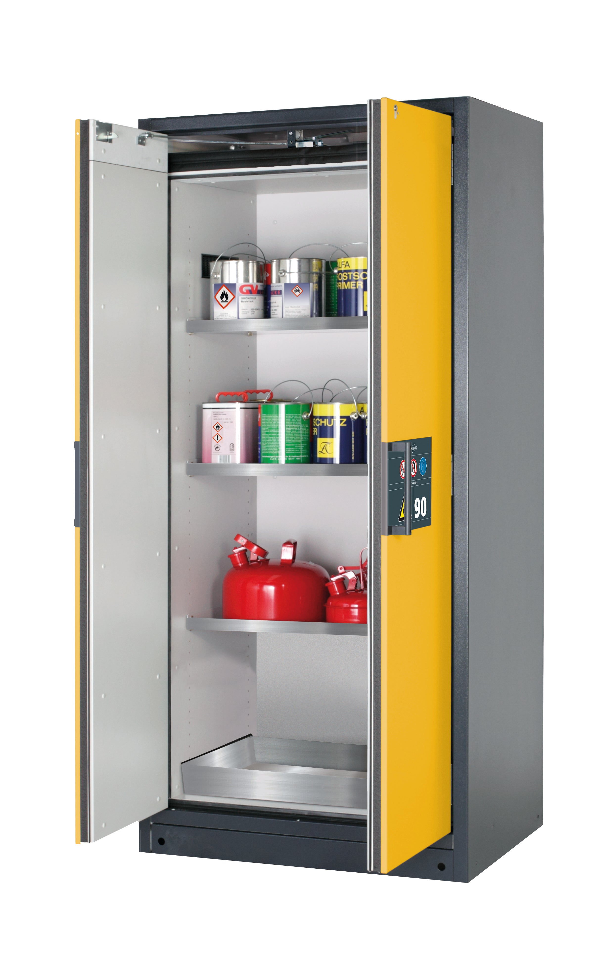 Typ 90 Sicherheitsschrank Q-PEGASUS-90 Modell Q90.195.090.WDAC in sicherheitsgelb RAL 1004 mit 3x Fachboden Standard (Edelstahl 1.4301)