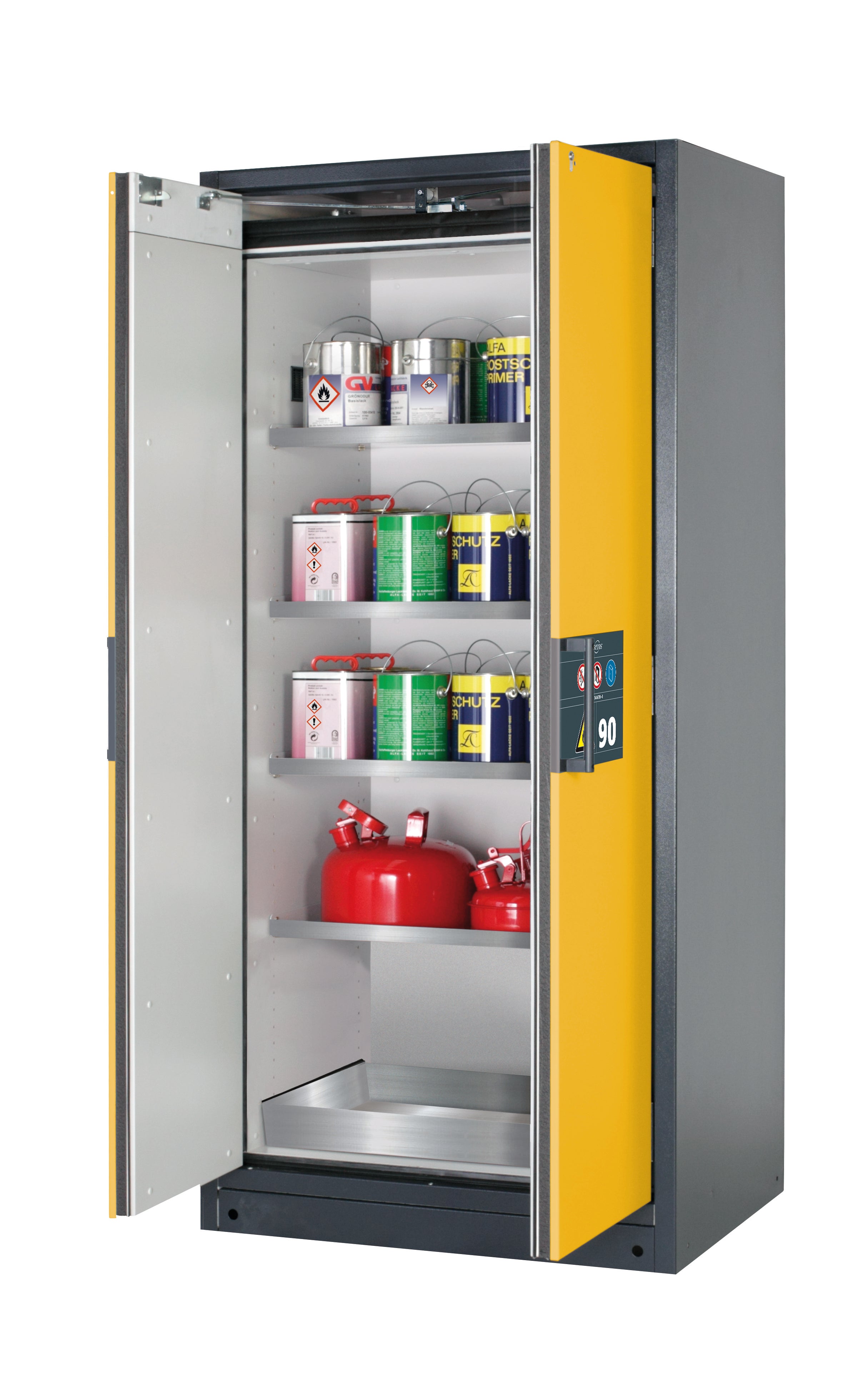Typ 90 Sicherheitsschrank Q-PEGASUS-90 Modell Q90.195.090.WDAC in sicherheitsgelb RAL 1004 mit 4x Fachboden Standard (Edelstahl 1.4301)