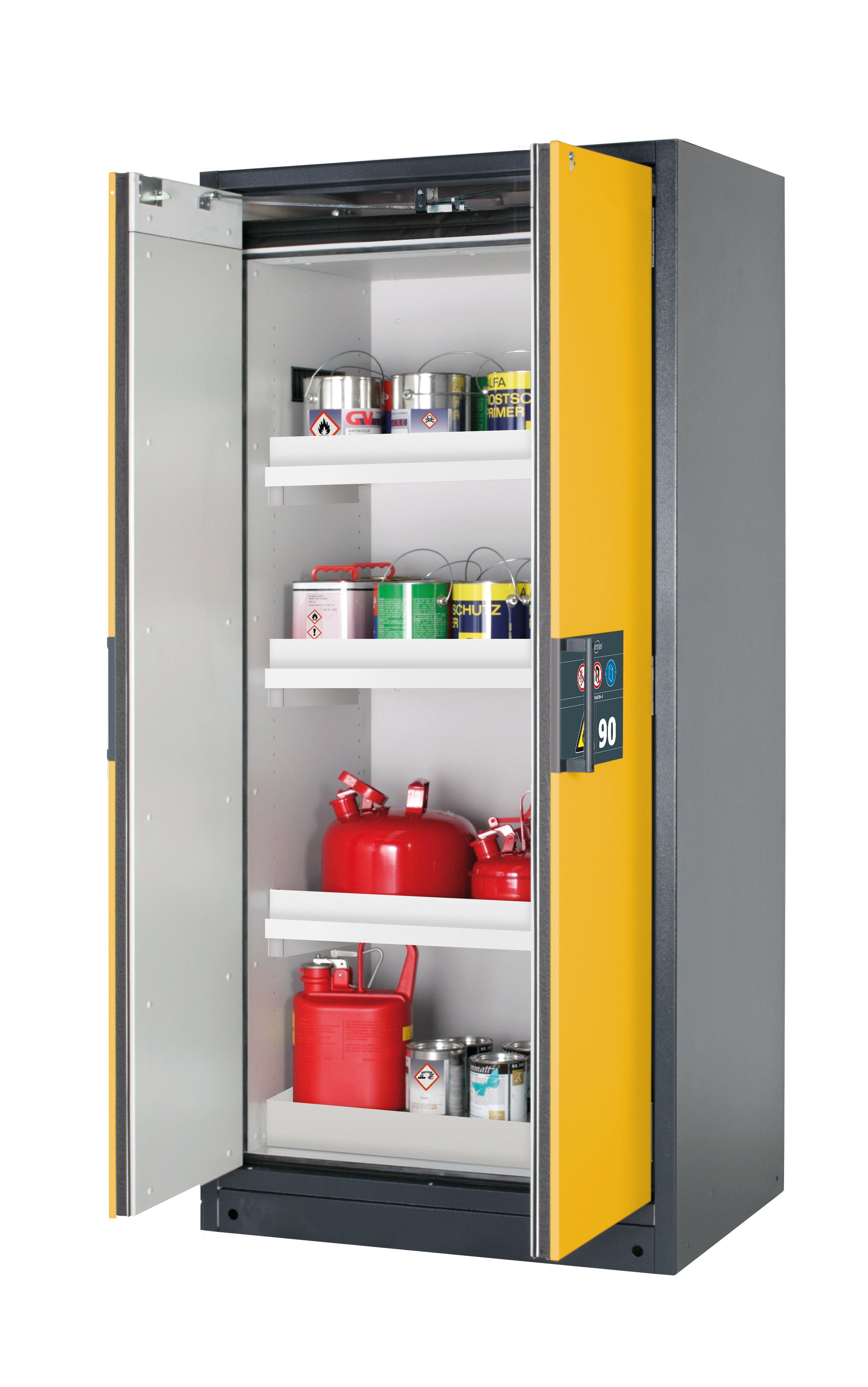 Typ 90 Sicherheitsschrank Q-PEGASUS-90 Modell Q90.195.090.WDAC in sicherheitsgelb RAL 1004 mit 3x Wannenboden Standard (Polypropylen)