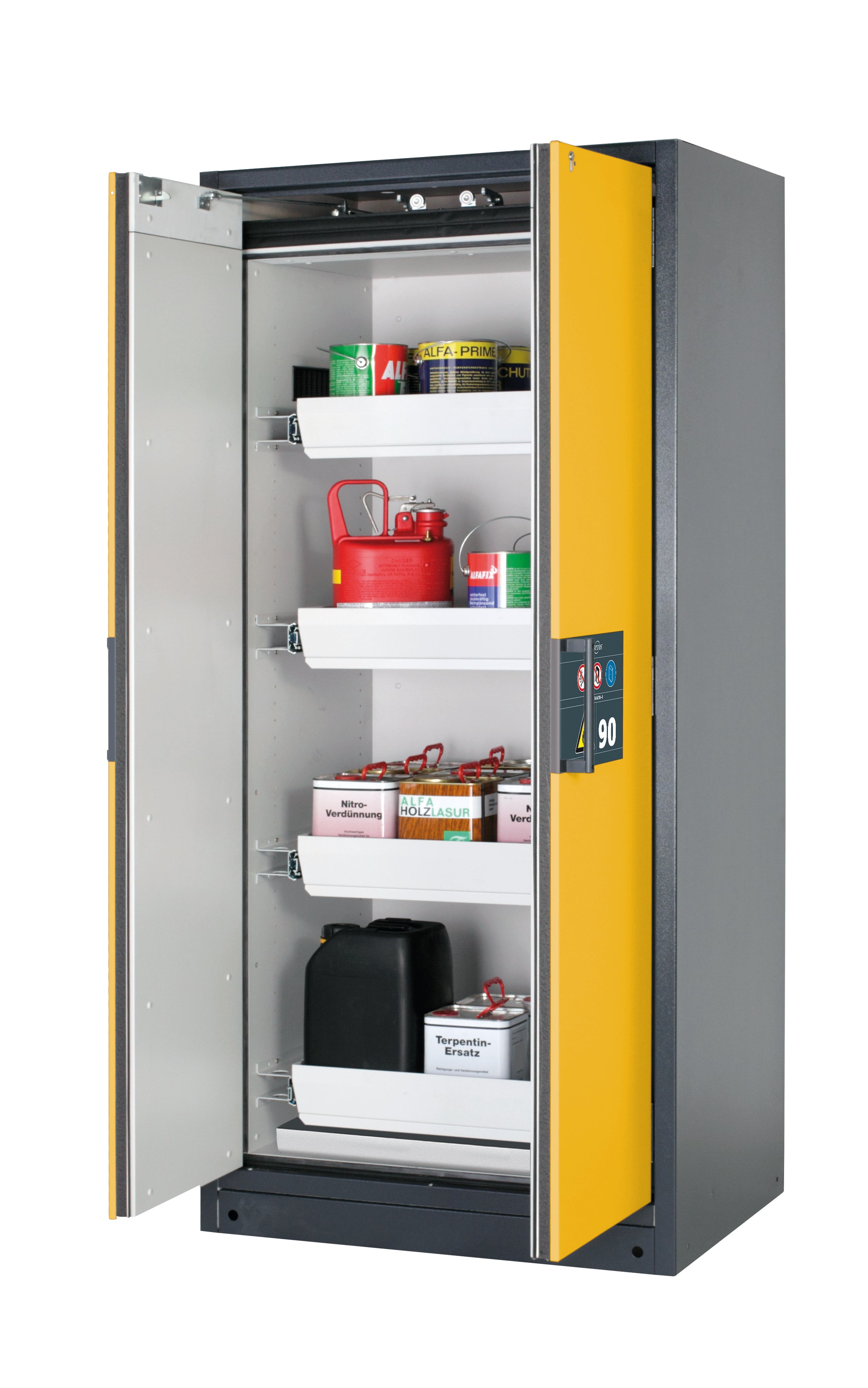 Typ 90 Sicherheitsschrank Q-PEGASUS-90 Modell Q90.195.090.WDAC in sicherheitsgelb RAL 1004 mit 4x Auszugswanne Standard (Stahlblech)