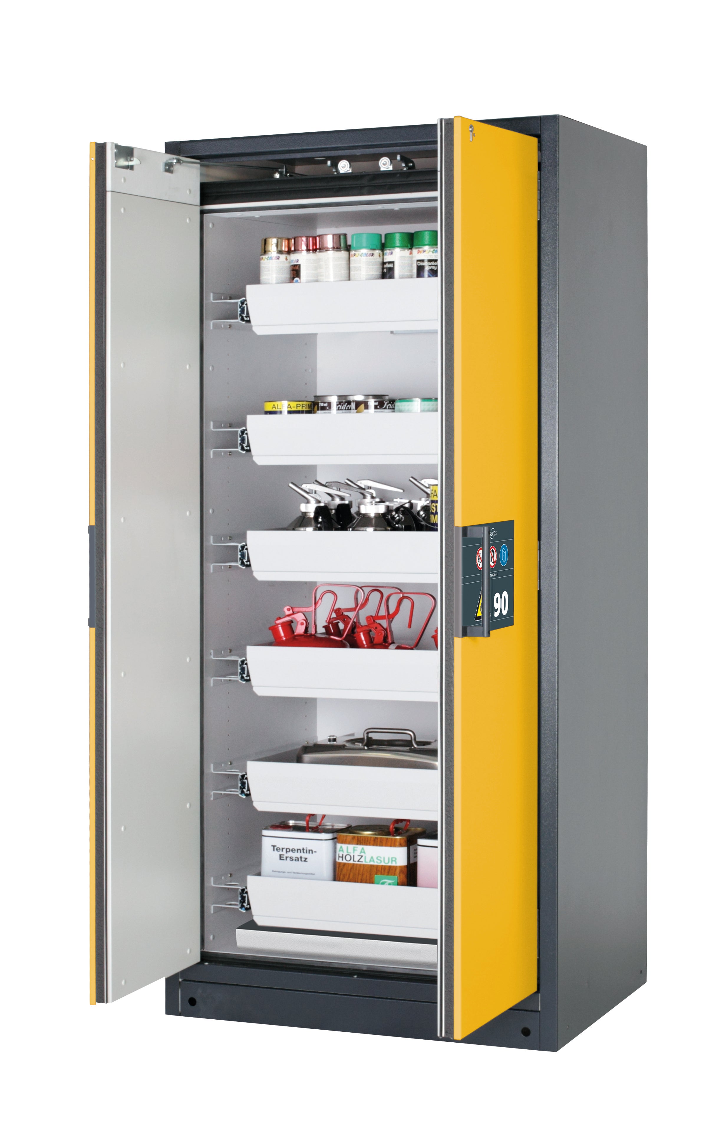 Typ 90 Sicherheitsschrank Q-PEGASUS-90 Modell Q90.195.090.WDAC in sicherheitsgelb RAL 1004 mit 6x Auszugswanne Standard (Stahlblech)