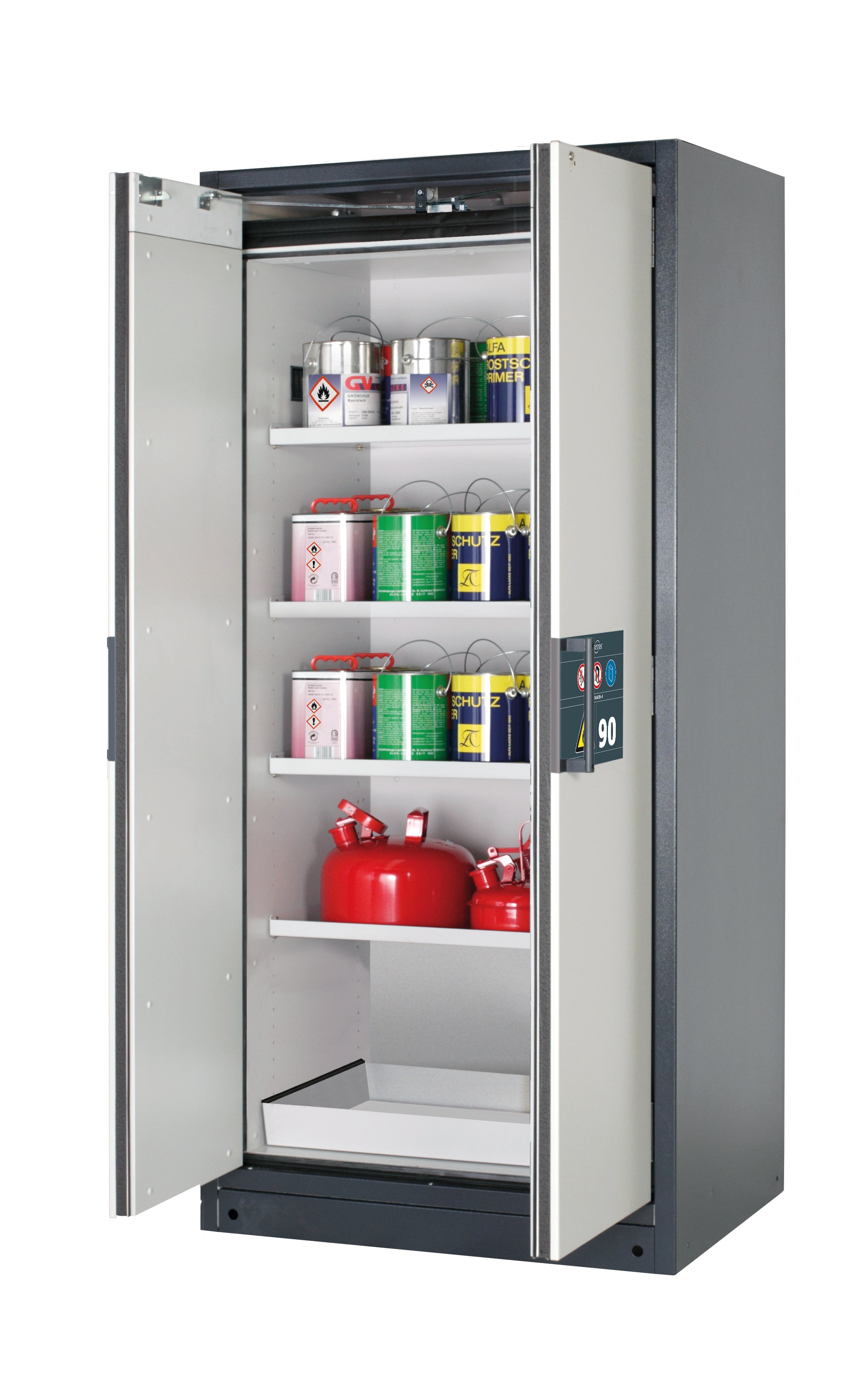 Typ 90 Sicherheitsschrank Q-PEGASUS-90 Modell Q90.195.090.WDAC in lichtgrau RAL 7035 mit 4x Fachboden Standard (Stahlblech)