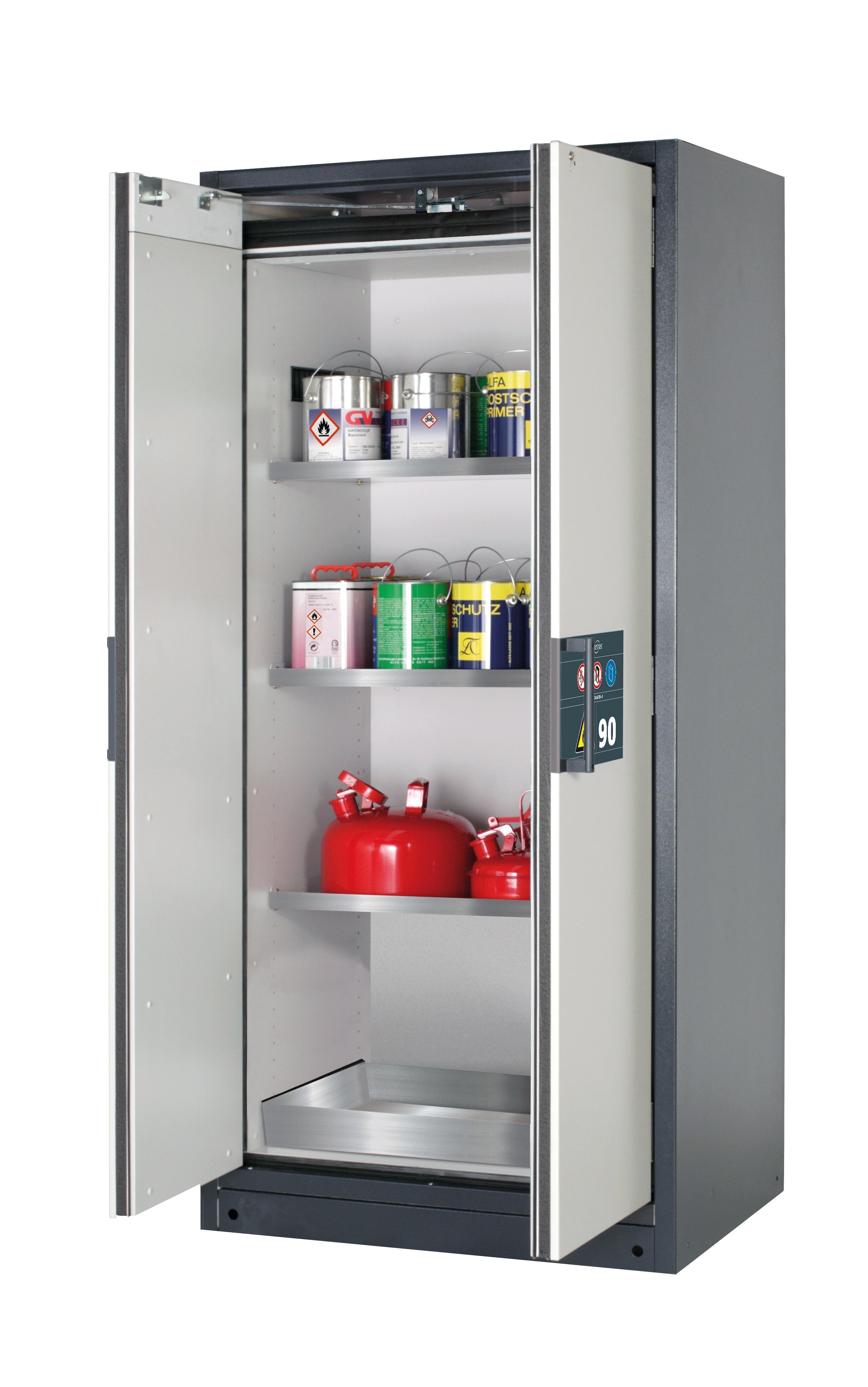 Typ 90 Sicherheitsschrank Q-PEGASUS-90 Modell Q90.195.090.WDAC in lichtgrau RAL 7035 mit 3x Fachboden Standard (Edelstahl 1.4301)