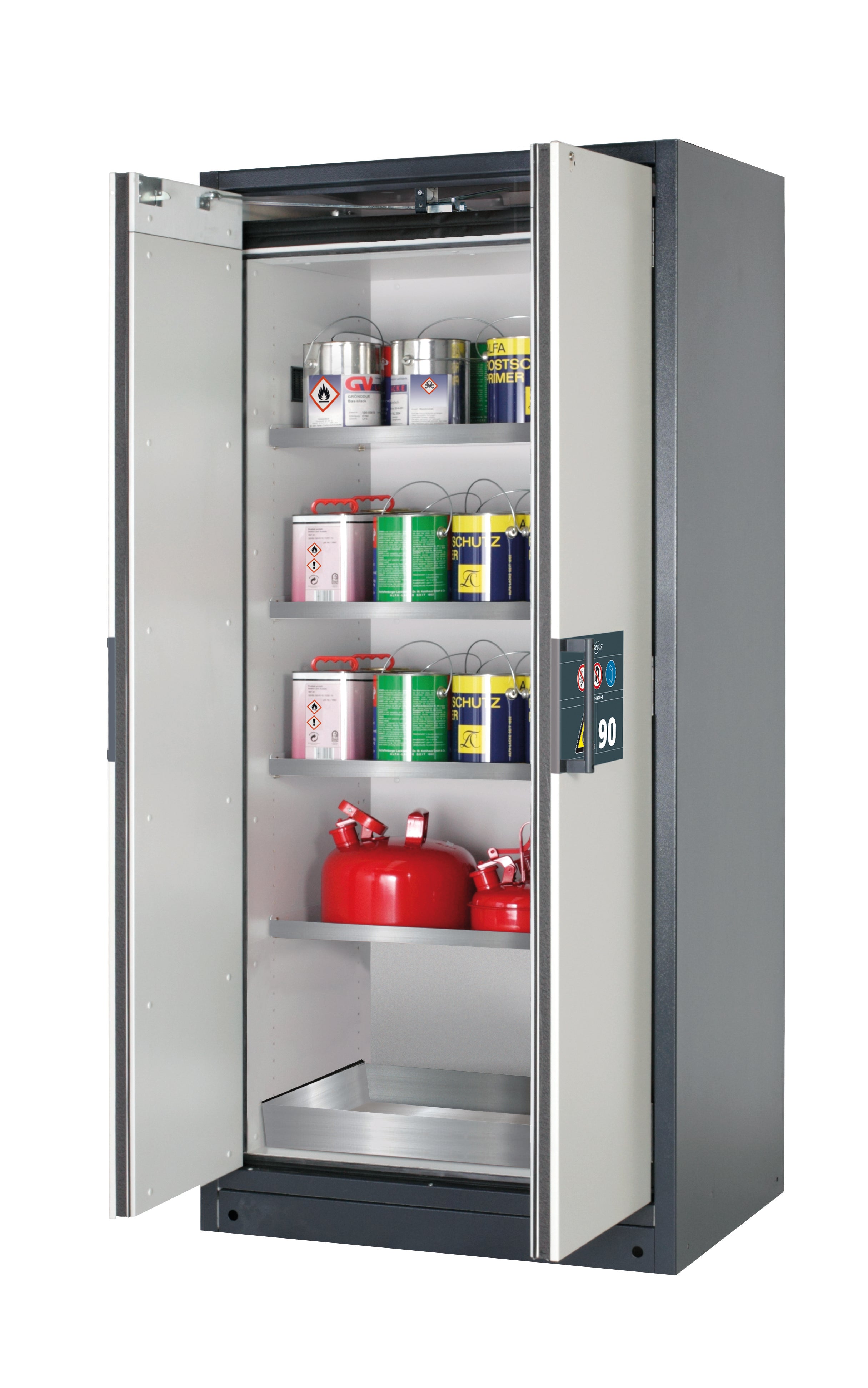 Typ 90 Sicherheitsschrank Q-PEGASUS-90 Modell Q90.195.090.WDAC in lichtgrau RAL 7035 mit 4x Fachboden Standard (Edelstahl 1.4301)