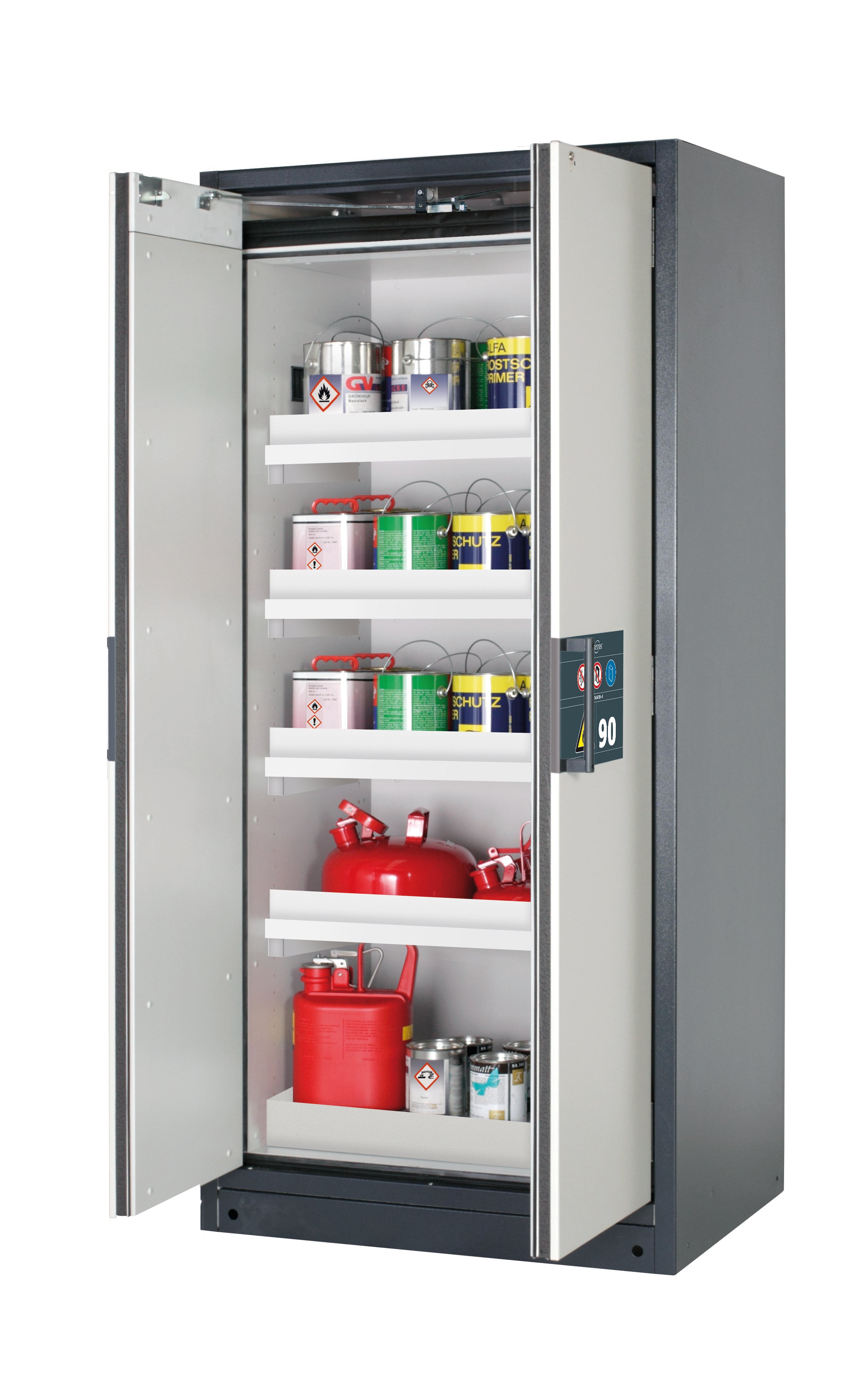 Typ 90 Sicherheitsschrank Q-PEGASUS-90 Modell Q90.195.090.WDAC in lichtgrau RAL 7035 mit 4x Wannenboden Standard (Polypropylen)