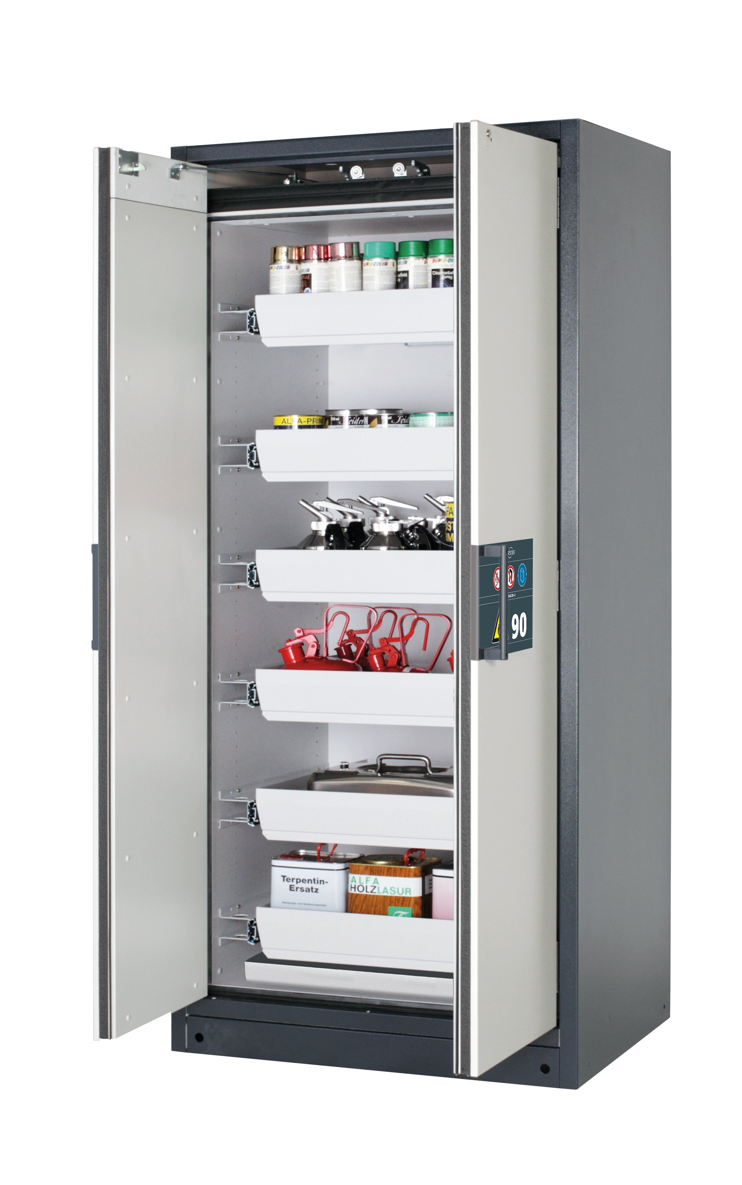 Typ 90 Sicherheitsschrank Q-PEGASUS-90 Modell Q90.195.090.WDAC in lichtgrau RAL 7035 mit 6x Auszugswanne Standard (Stahlblech)