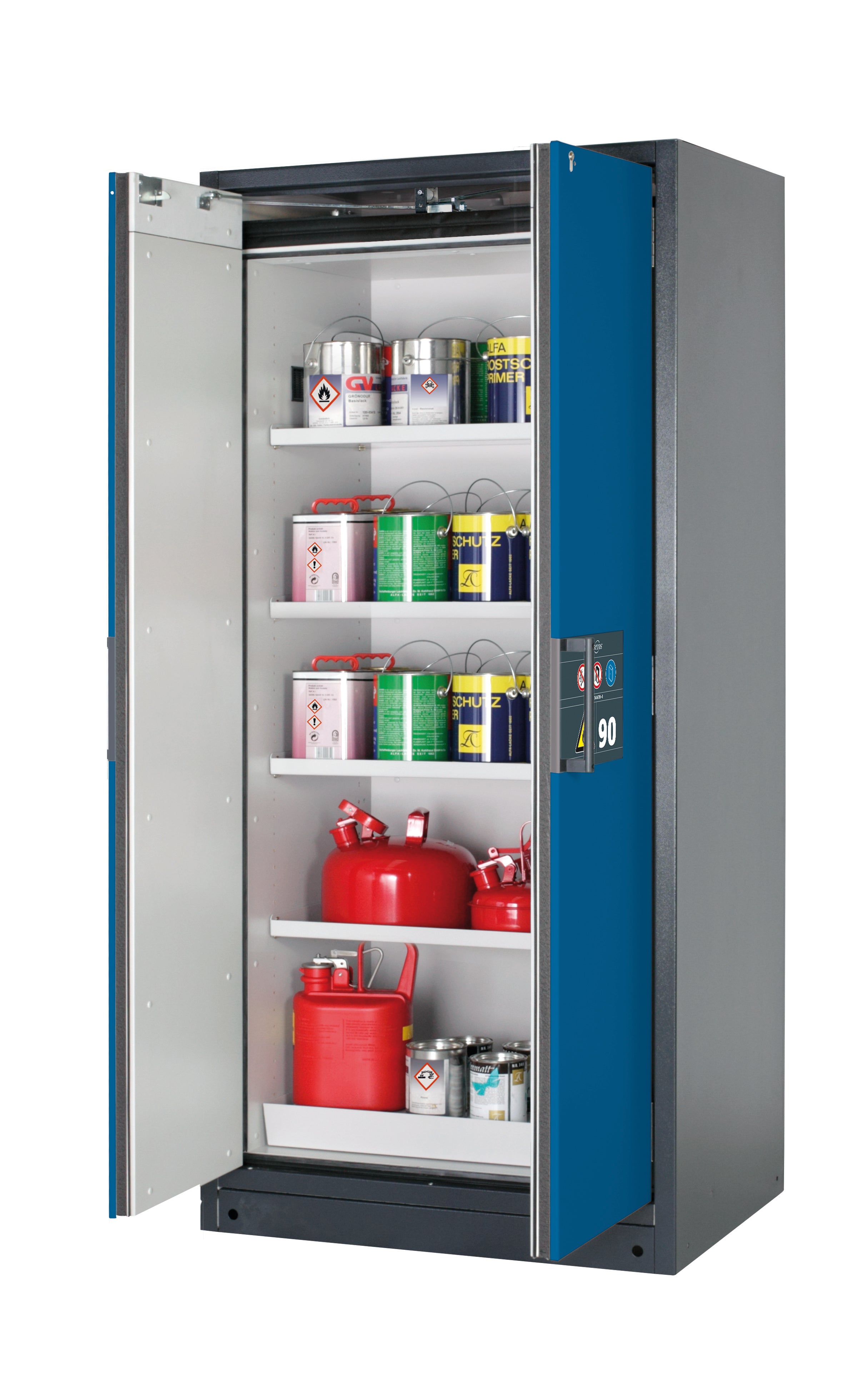 Typ 90 Sicherheitsschrank Q-PEGASUS-90 Modell Q90.195.090.WDAC in enzianblau RAL 5010 mit 4x Fachboden Standard (Stahlblech)