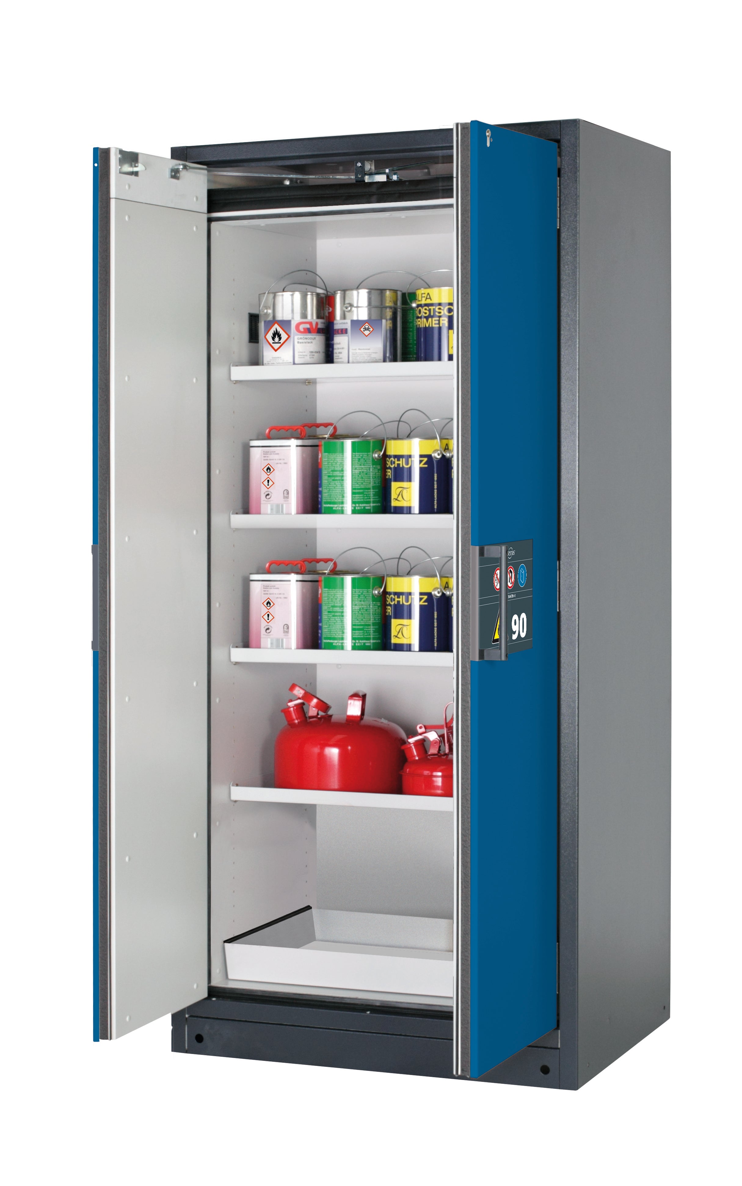 Typ 90 Sicherheitsschrank Q-PEGASUS-90 Modell Q90.195.090.WDAC in enzianblau RAL 5010 mit 4x Fachboden Standard (Stahlblech)
