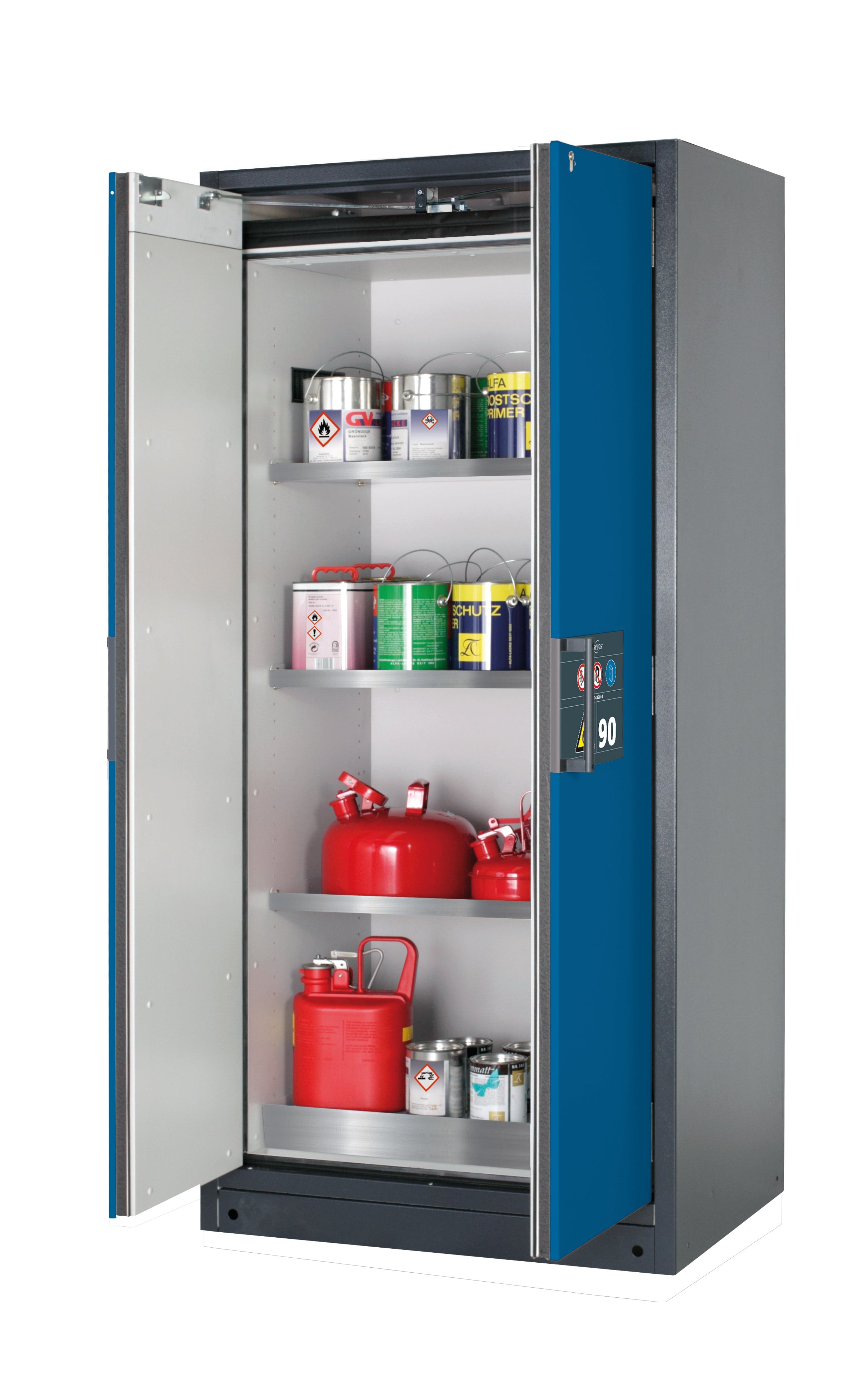 Typ 90 Sicherheitsschrank Q-PEGASUS-90 Modell Q90.195.090.WDAC in enzianblau RAL 5010 mit 3x Fachboden Standard (Edelstahl 1.4301)