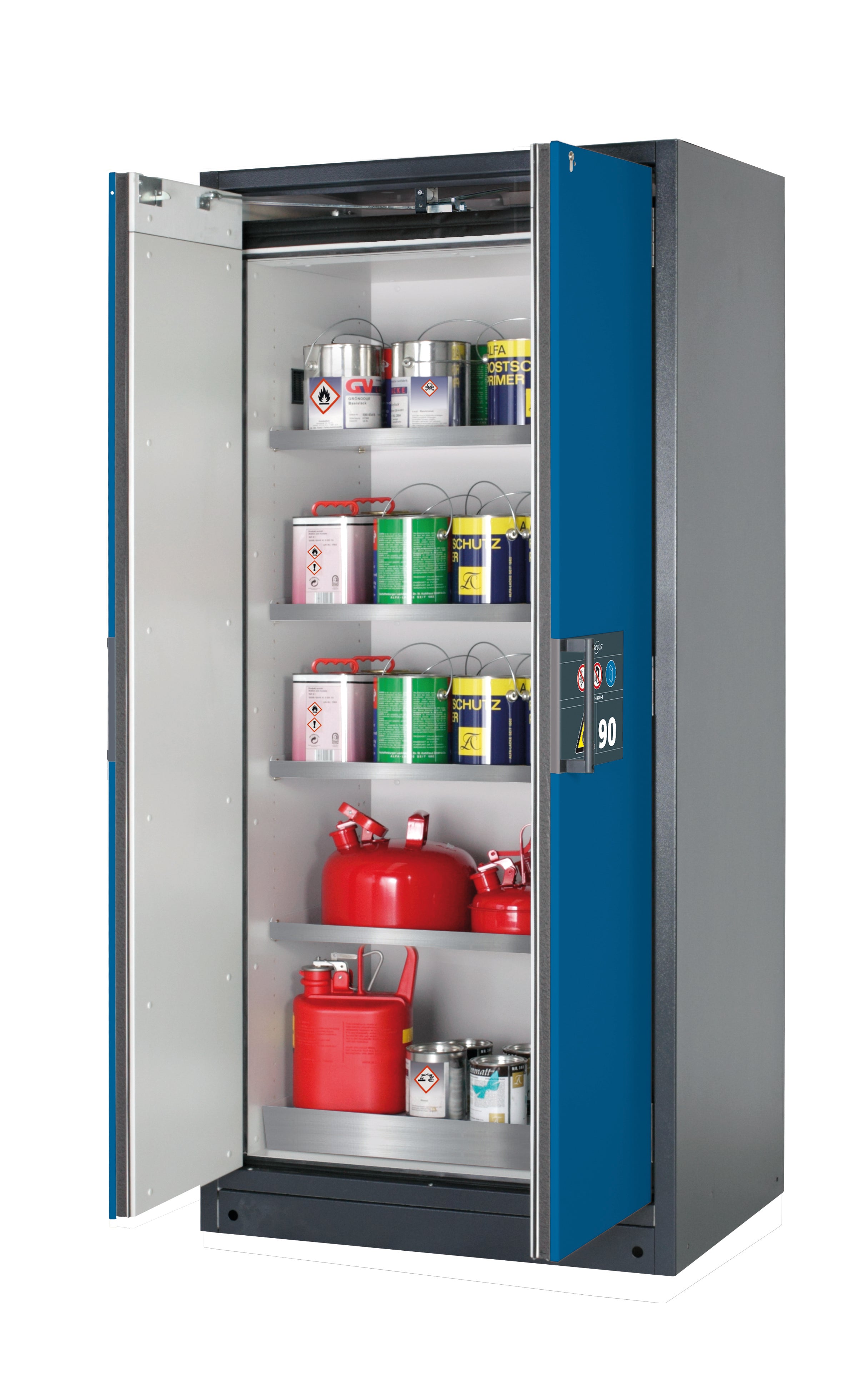 Typ 90 Sicherheitsschrank Q-PEGASUS-90 Modell Q90.195.090.WDAC in enzianblau RAL 5010 mit 4x Fachboden Standard (Edelstahl 1.4301)